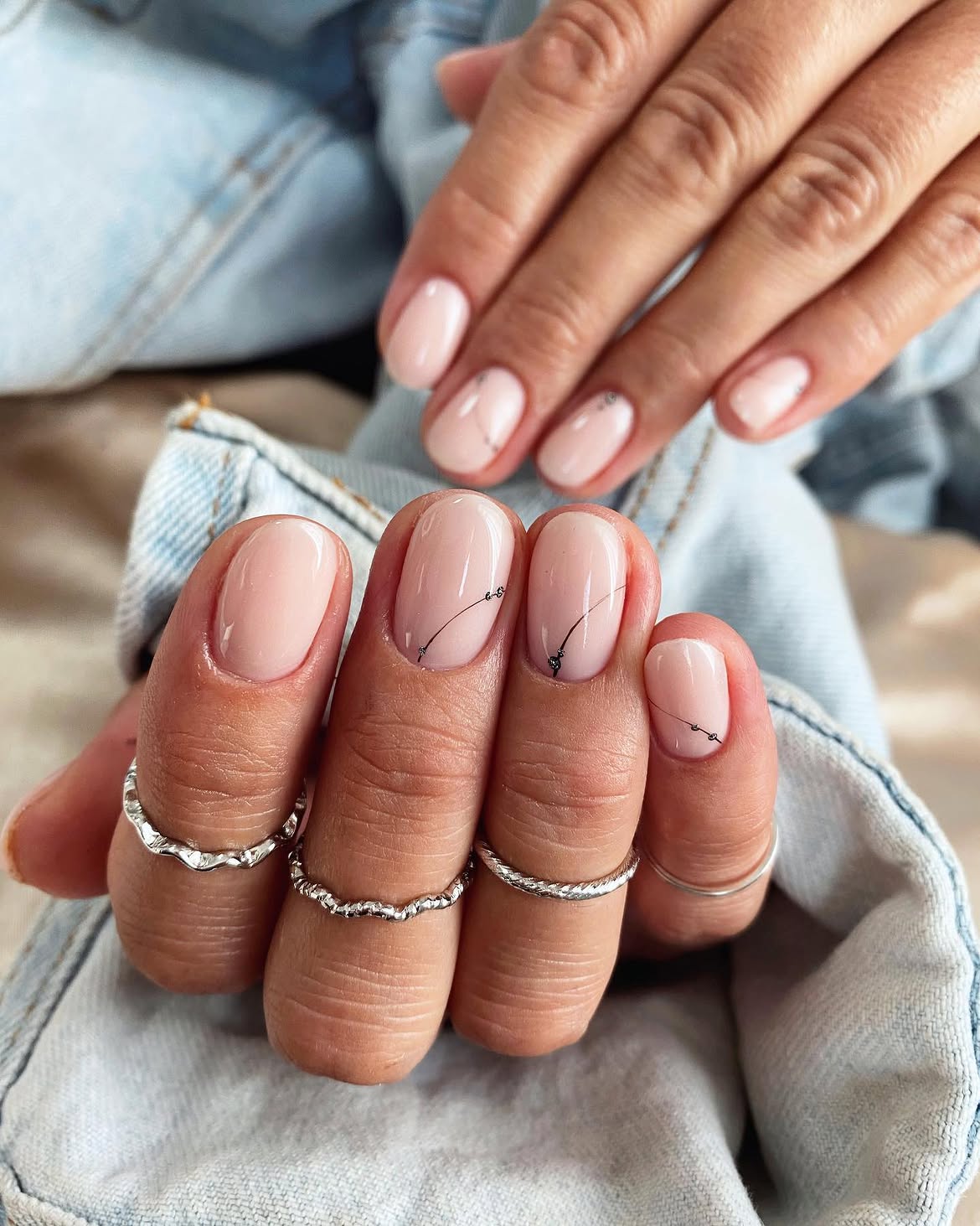 Milky Nude Nails With Delicate Black Line Art