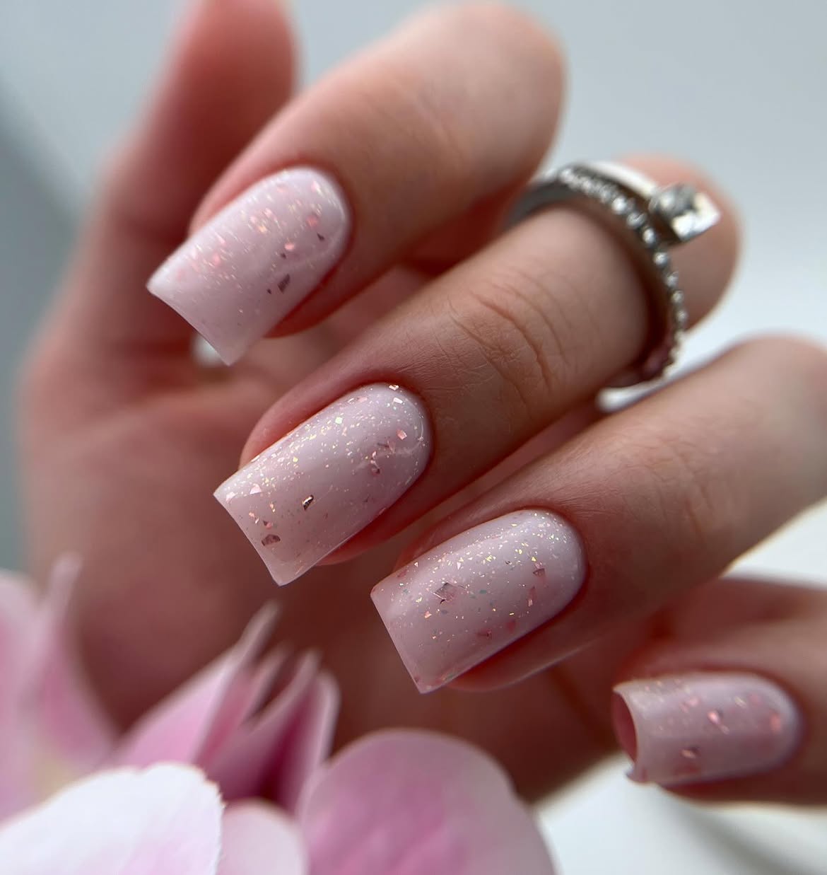 Milky Pink Glitter Square Nails