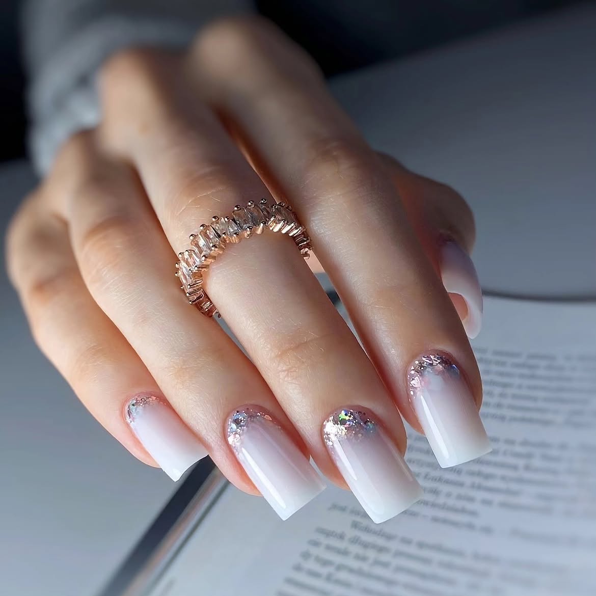 Milky White Ombre French Glitter Accent Nails