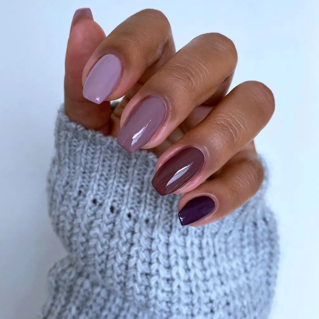 Mismatched Muted Purple and Burgundy Coffin Nails