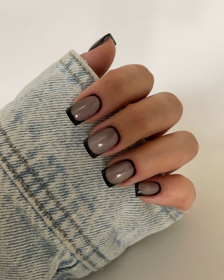 Modern Black Tip Taupe French Nails