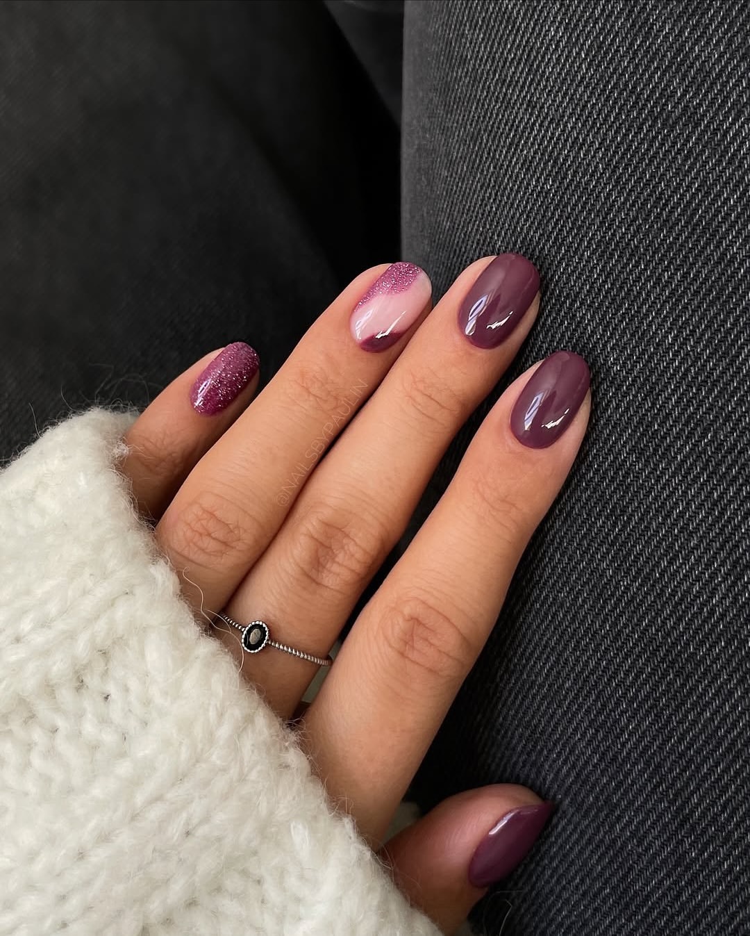 Muted Berry Gloss and Glitter French Tips