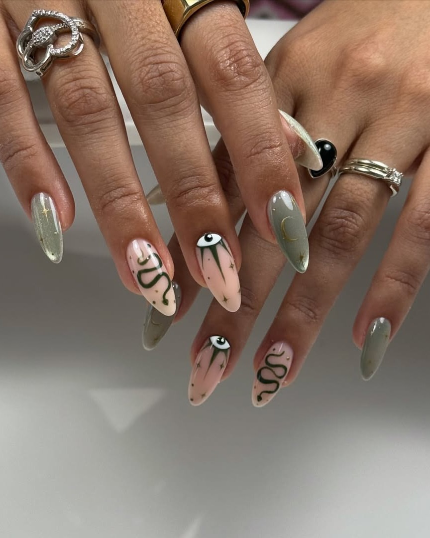 Mystic Snake and Eye Halloween Almond Nails