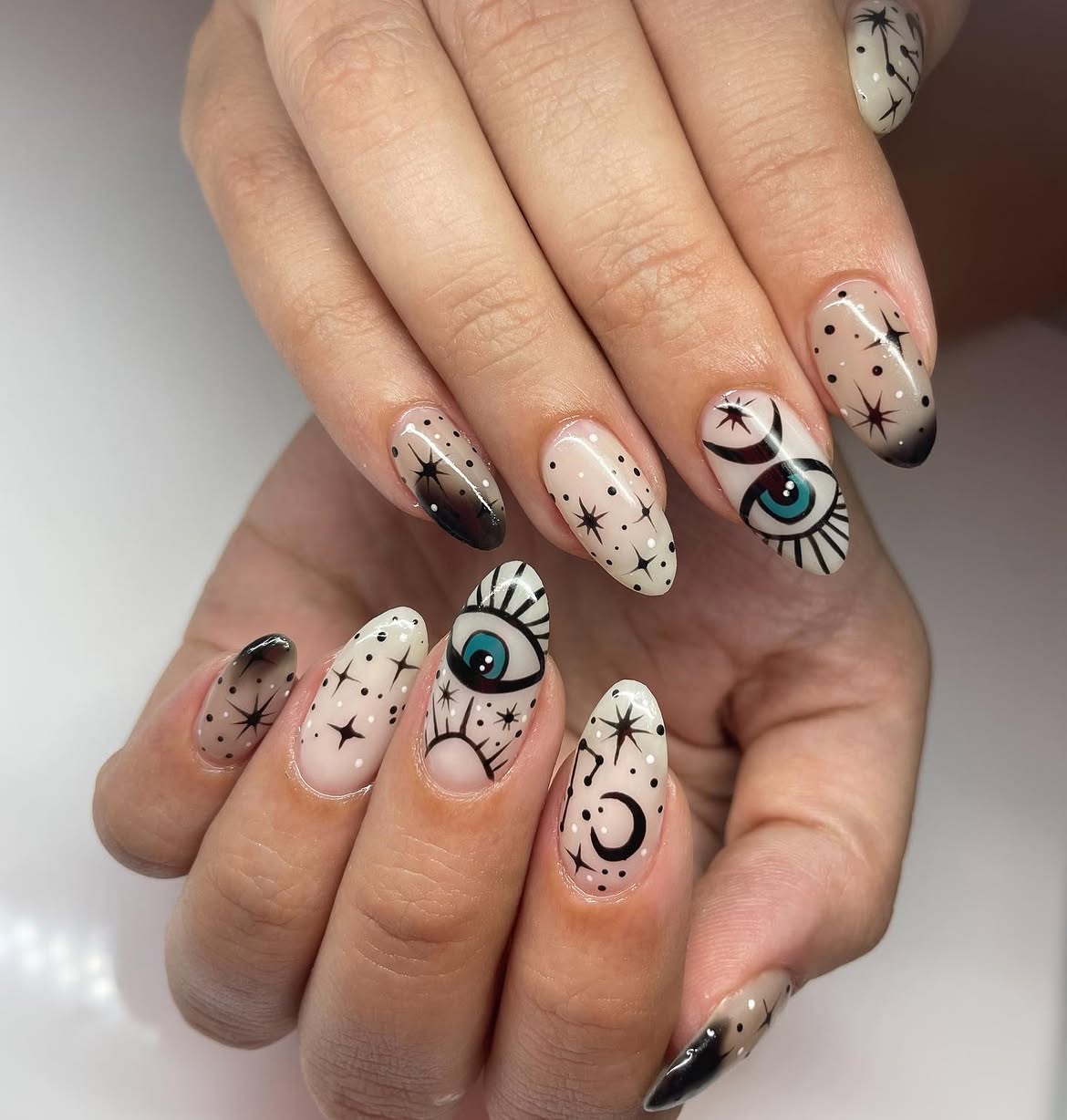 Mystical Evil Eye Ombre Almond Nails