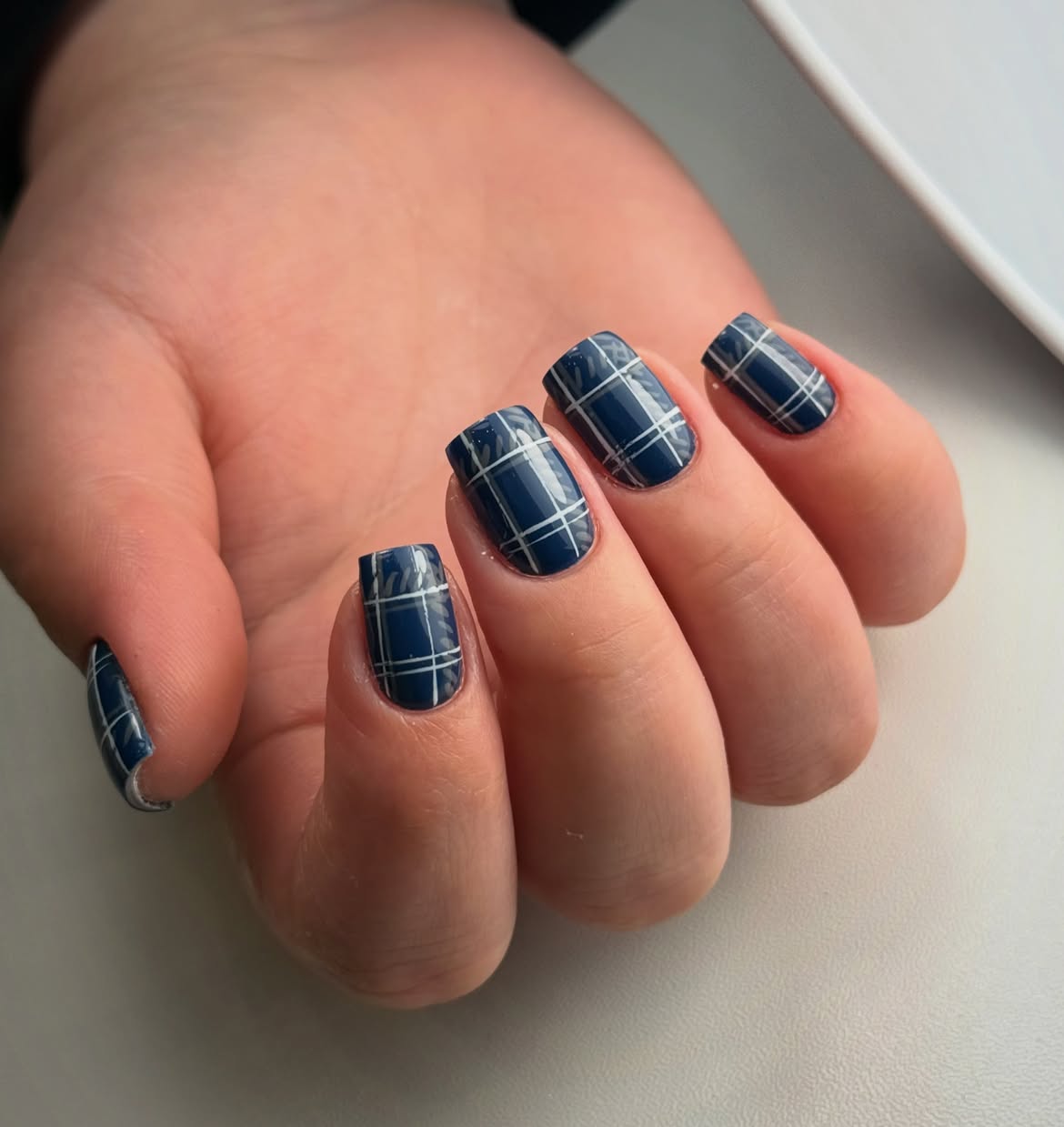 Navy Blue Plaid Nail Art Design