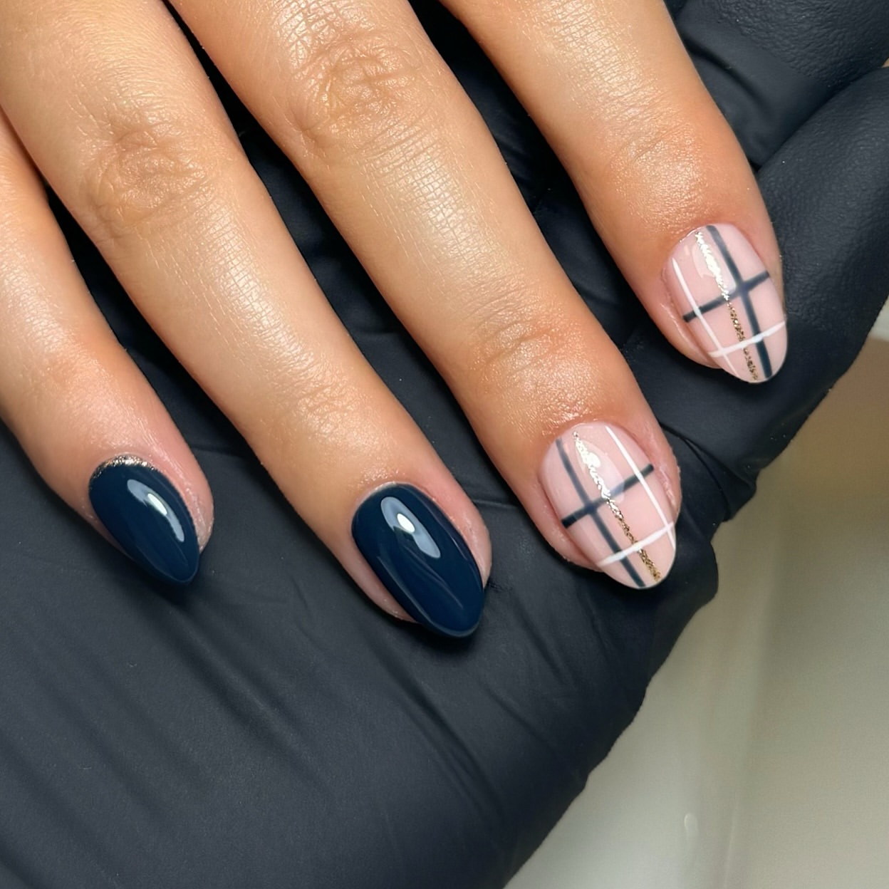 Navy Plaid Almond Nails with Gold Accent