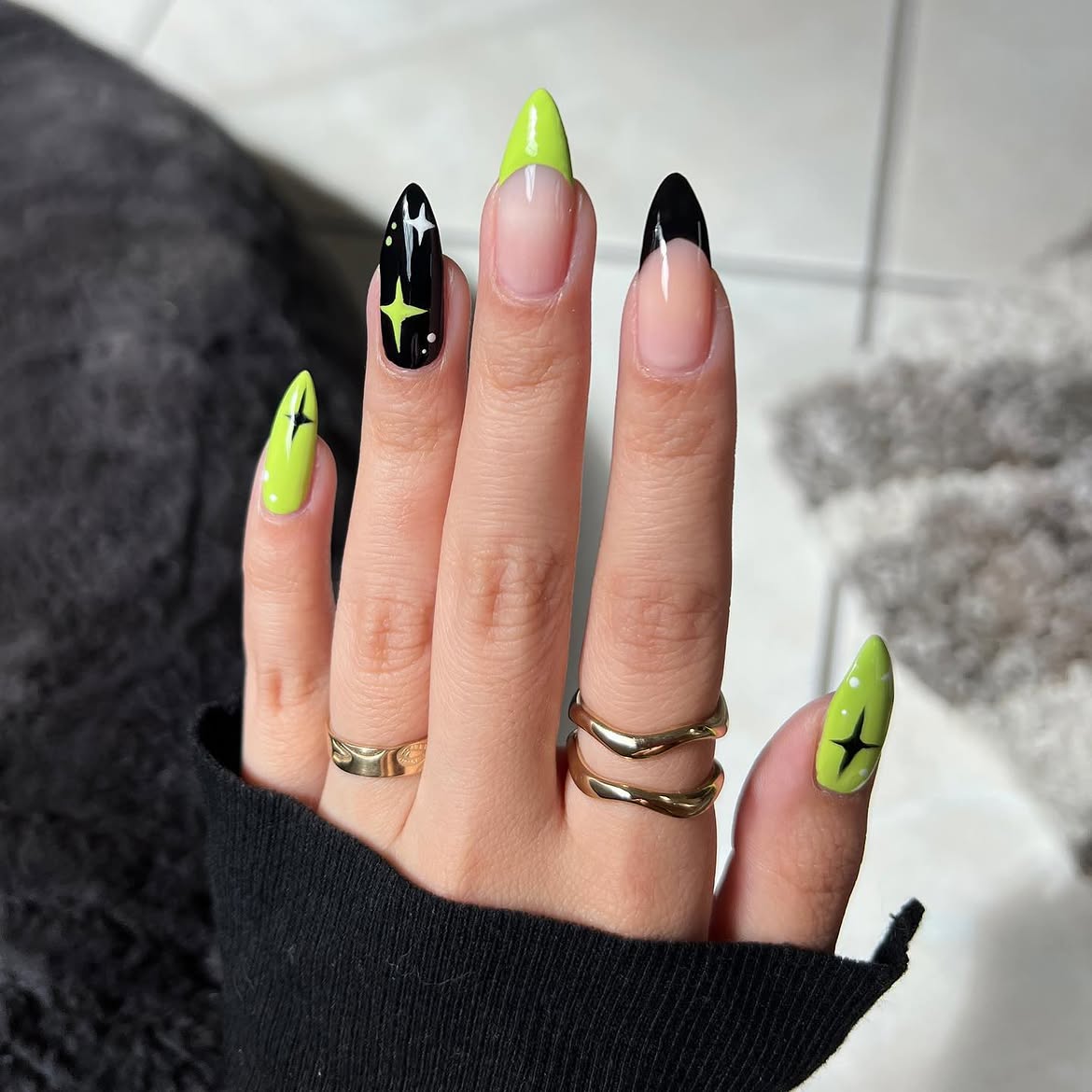 Neon Green and Black Halloween Stiletto Nails