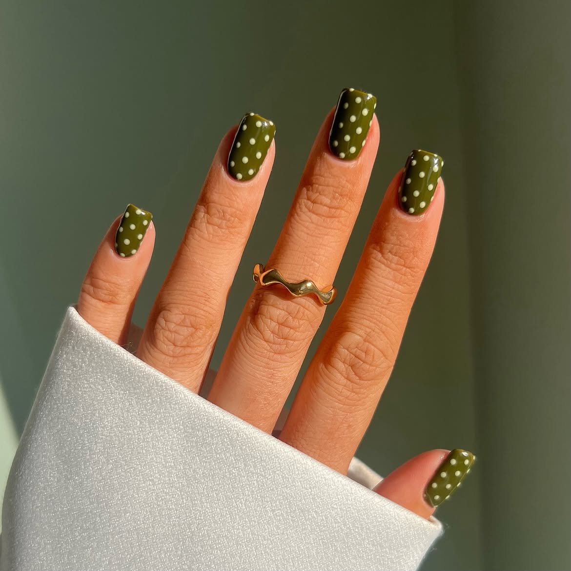 Olive Green Polka Dot Coffin Nails