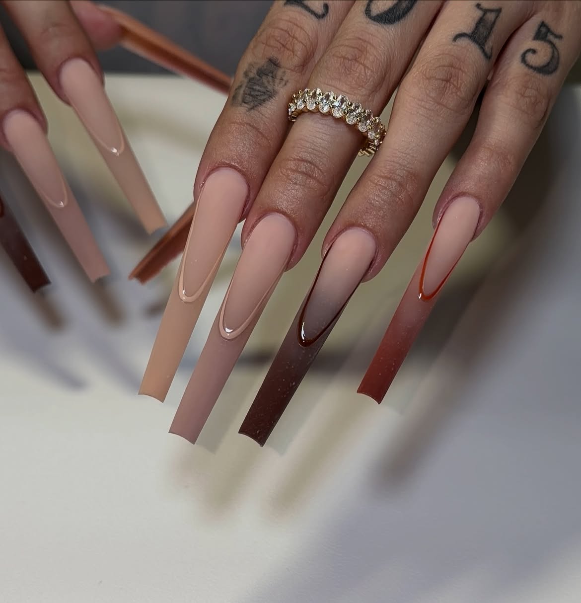 Ombre French Tip Coffin Nails with Deep Brown Gradient
