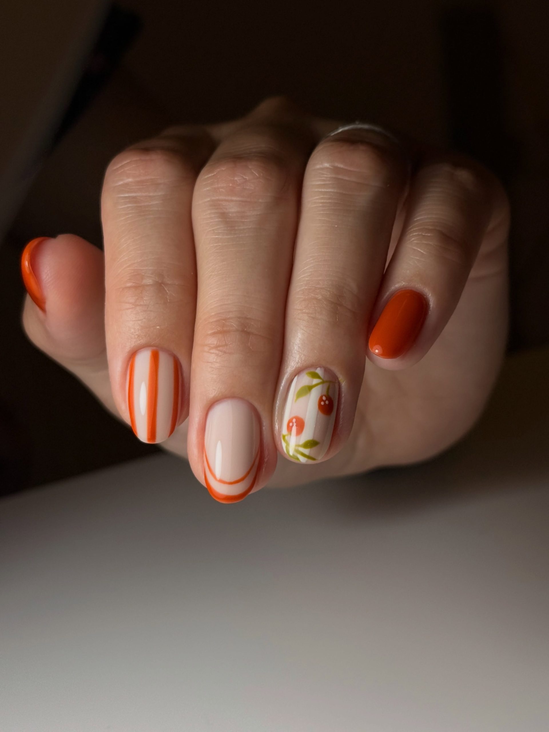 Orange and Nude Fall Fruit & Stripes Mani