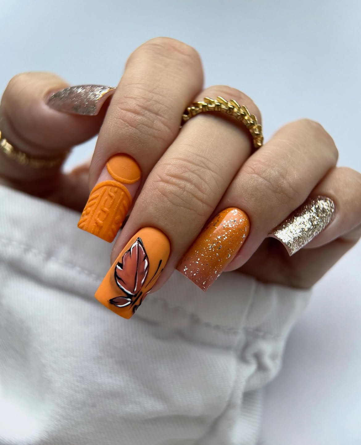 Orange Cable Knit Autumn Leaf Nails