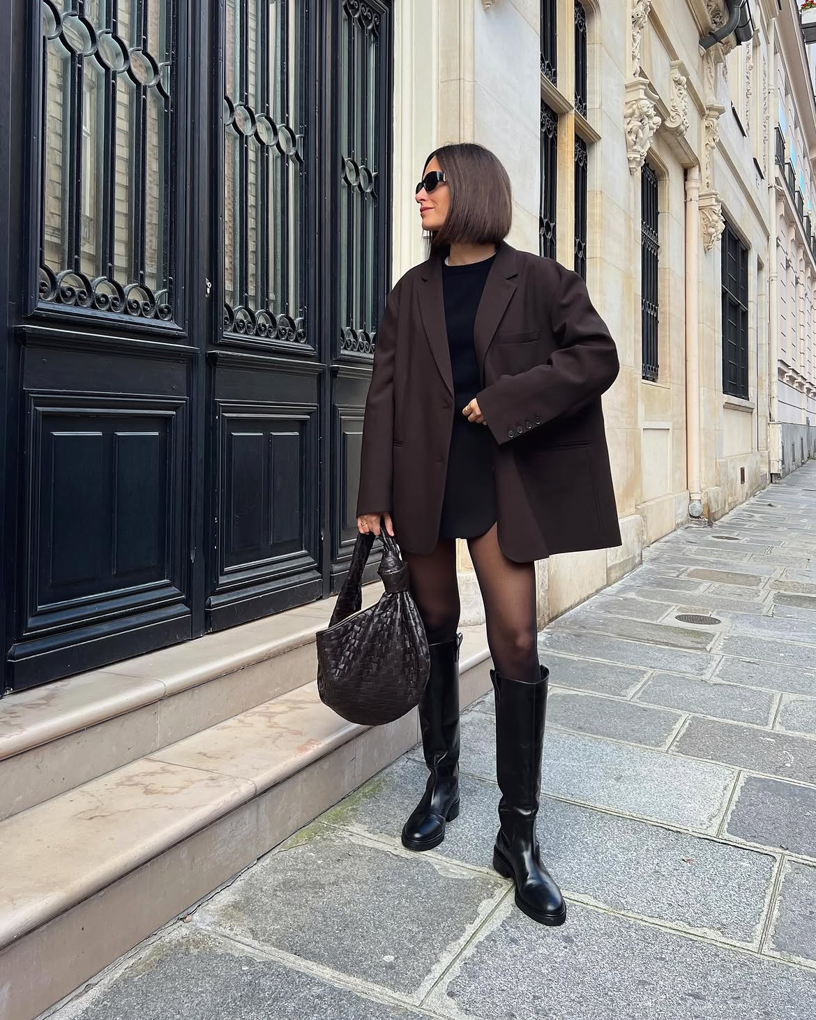 Oversized Blazer With Mini Skirt & Knee-High Boots