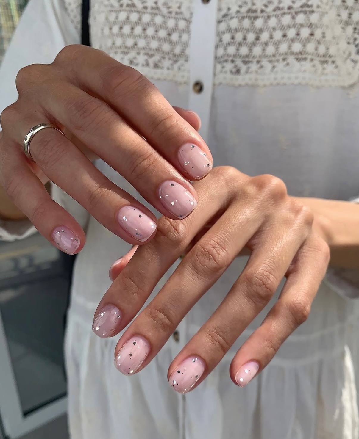 Pale Pink Glitter Dot Short Oval Nails