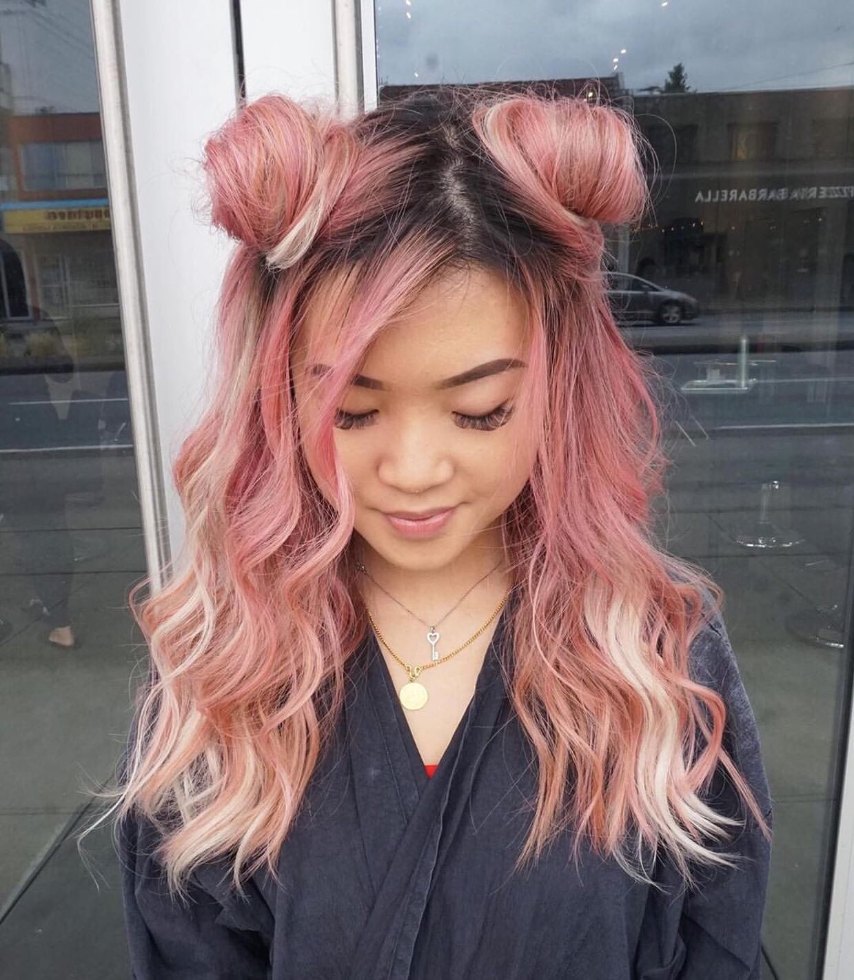 Pastel Pink Half Up Space Buns With Waves