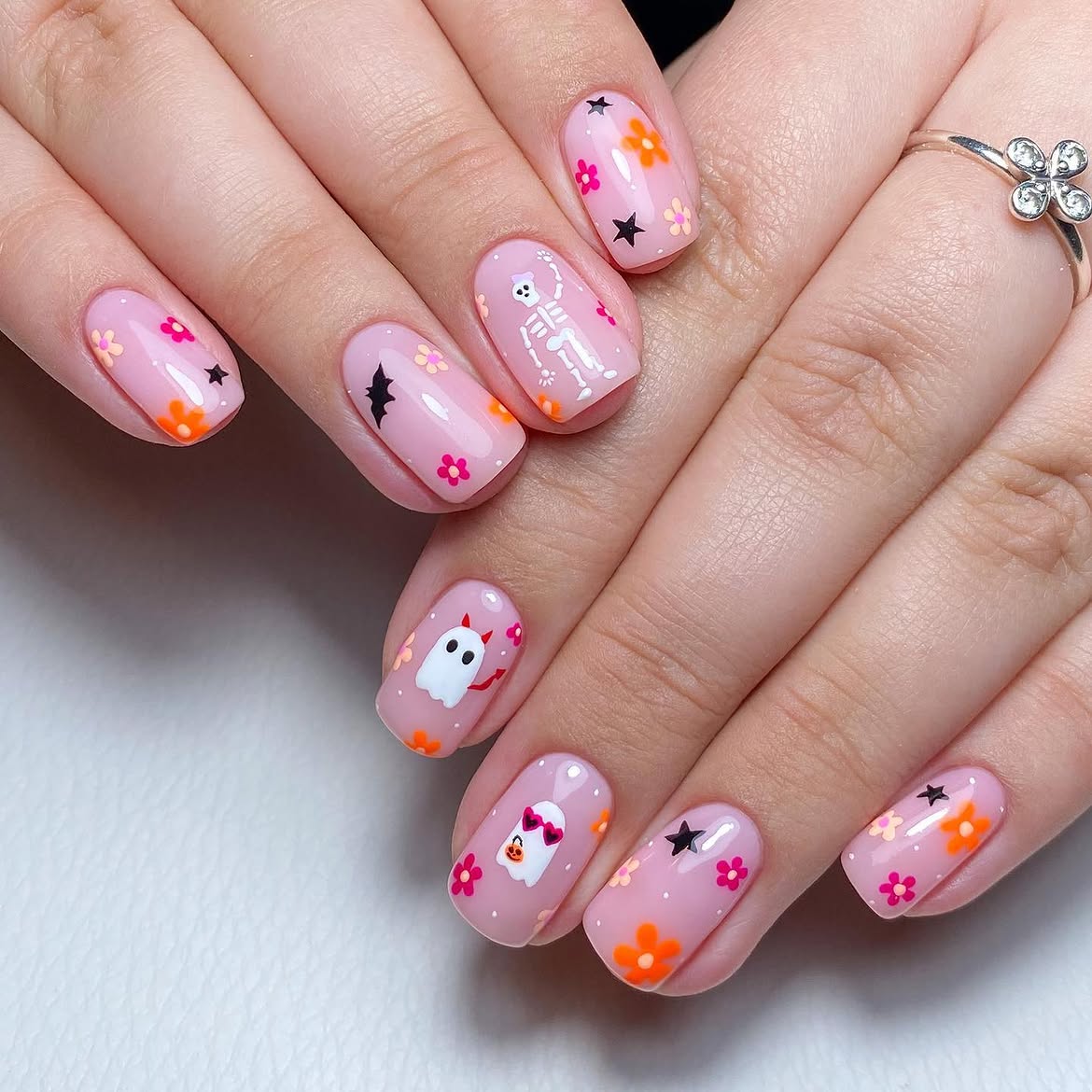 Pastel Pink Halloween Ghost & Skeleton Nails