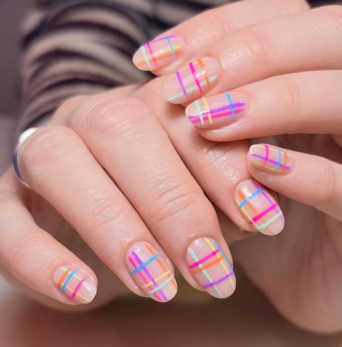 Pastel Plaid Aura French Tip Nails