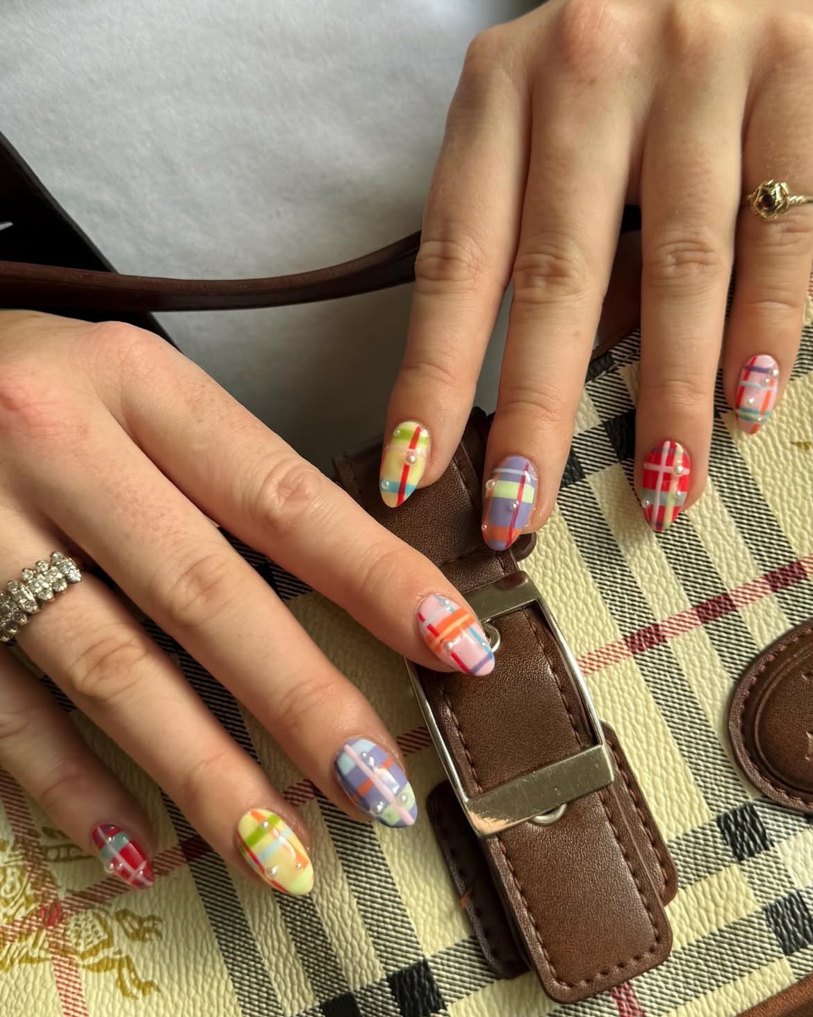 Pastel Plaid French Tip Nails with Pearls