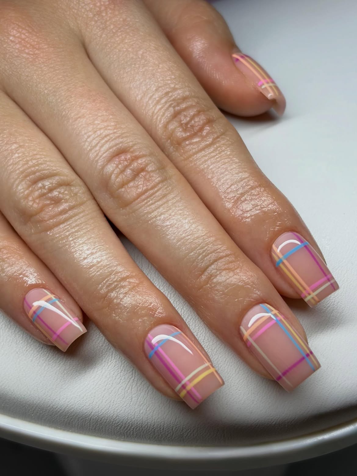 Pastel Plaid French Tip Square Nails
