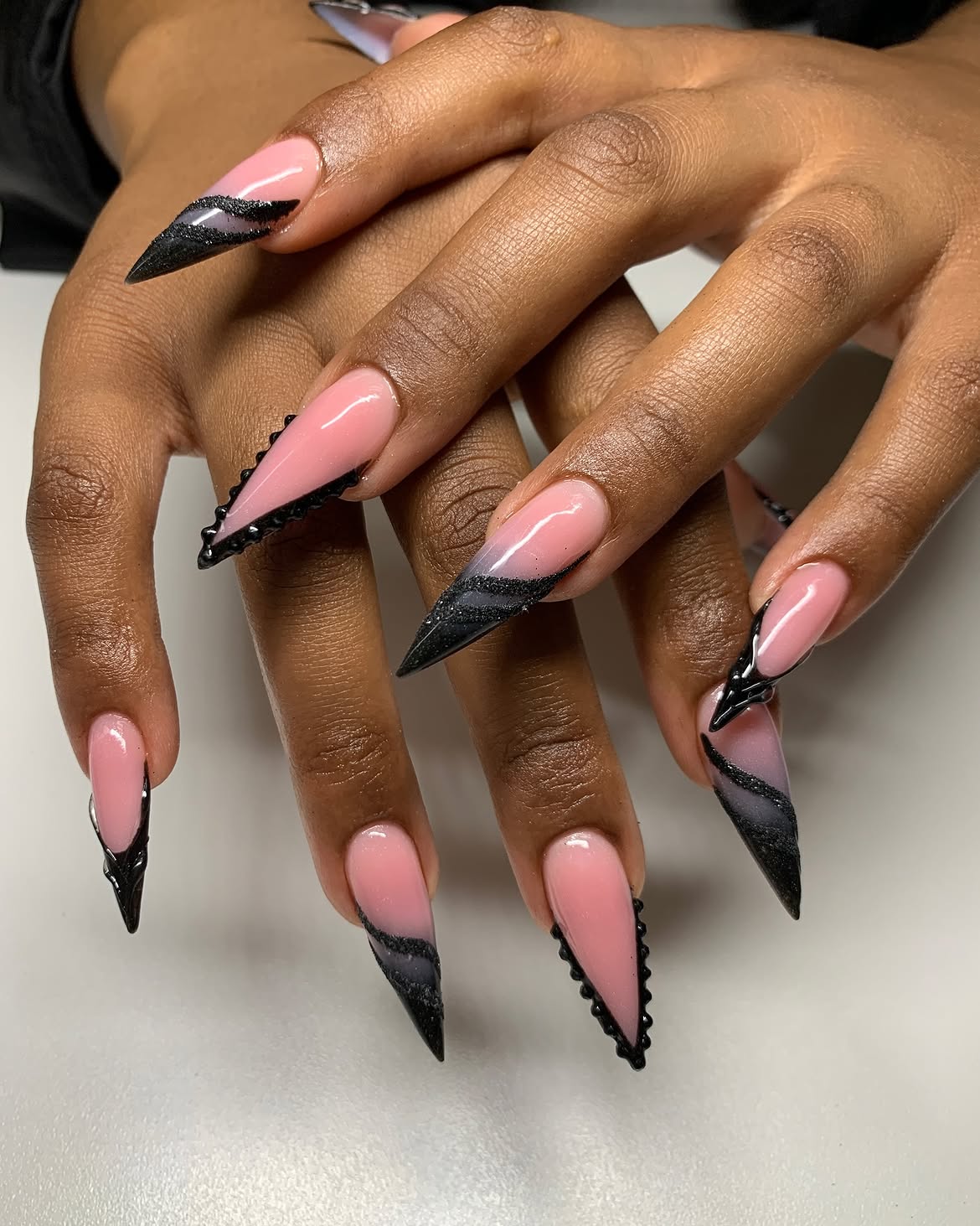 Pink and Black Glitter Stiletto French Tips