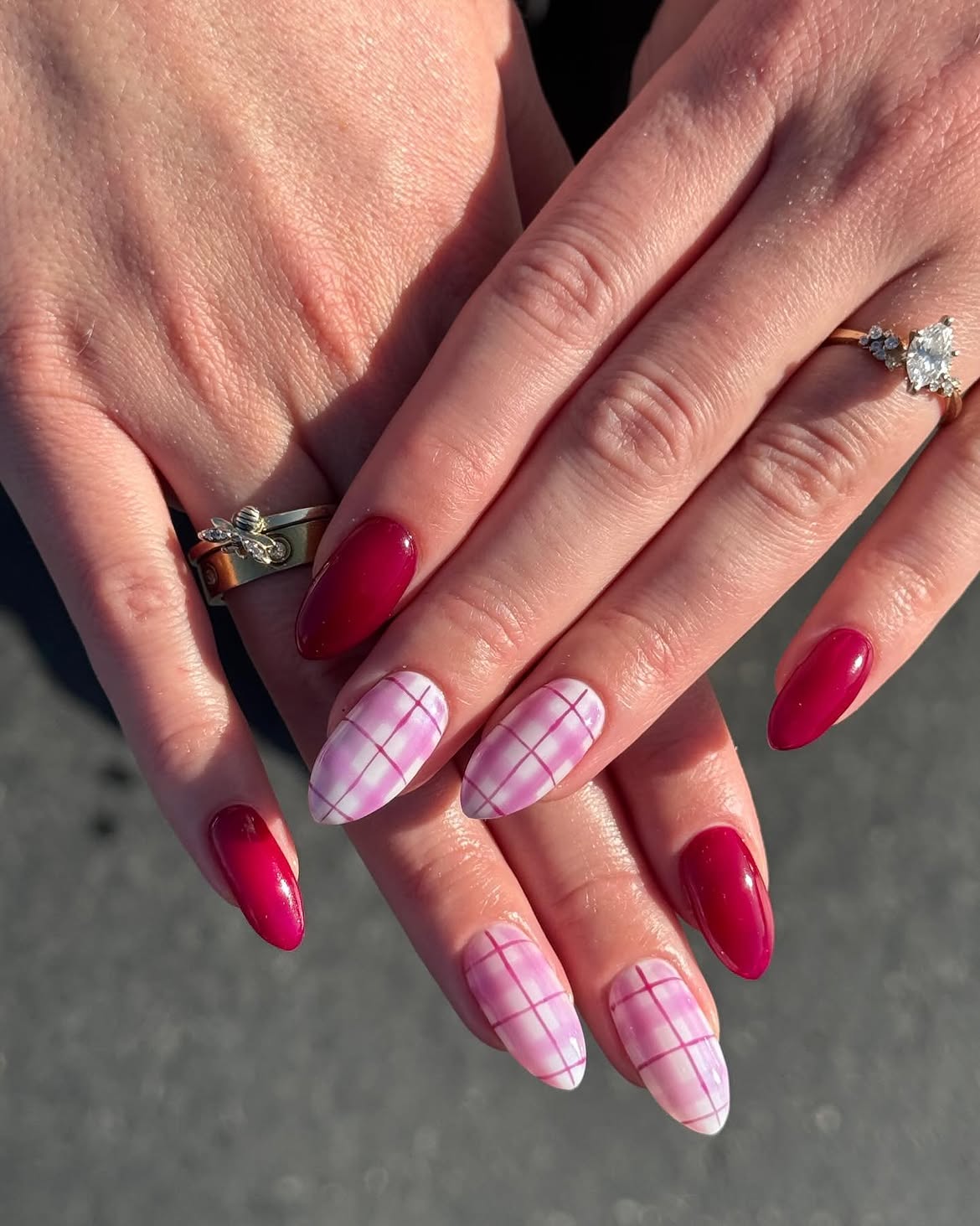 Pink and White Plaid Almond Nails