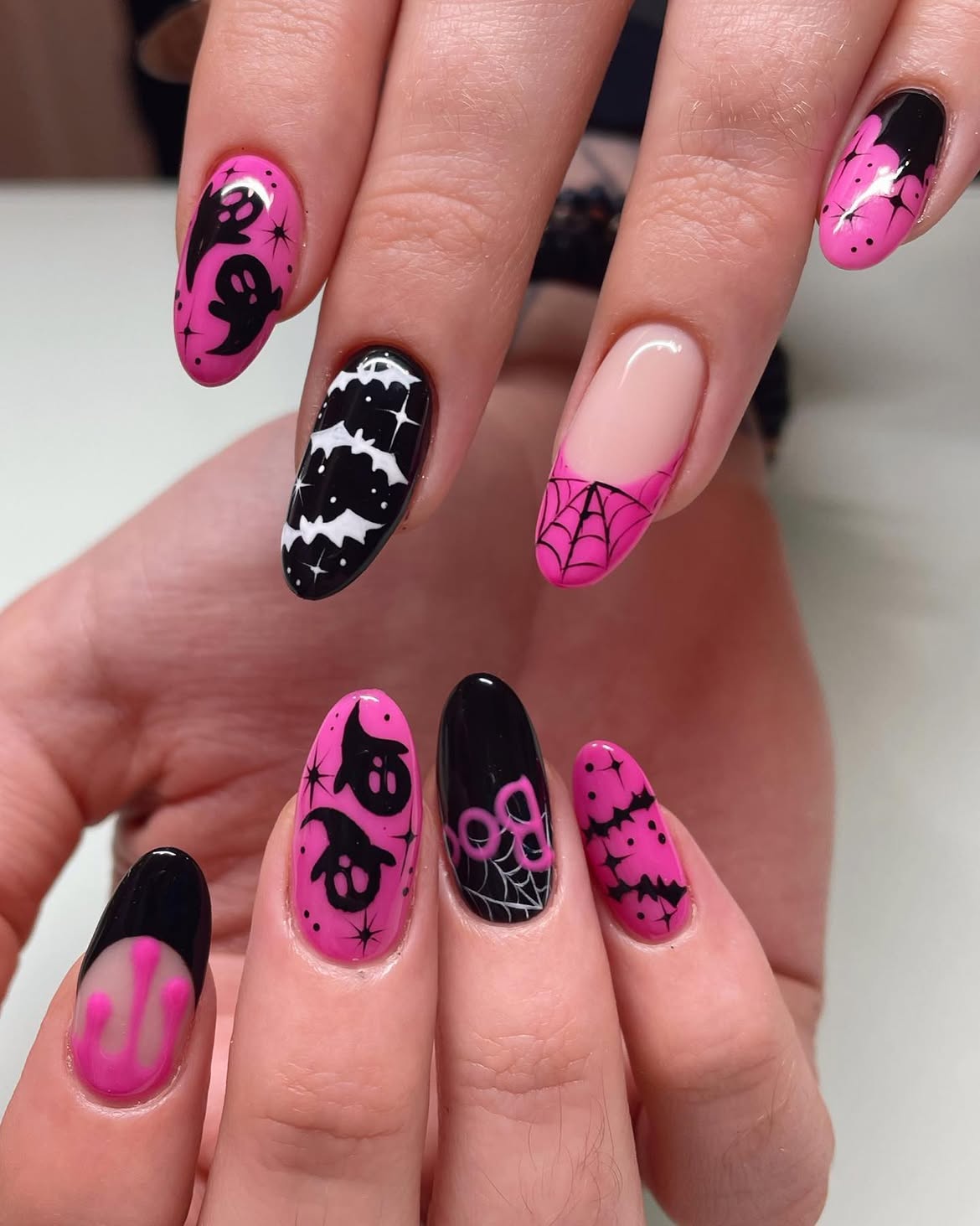 Pink & Black Halloween Ghost French Tips