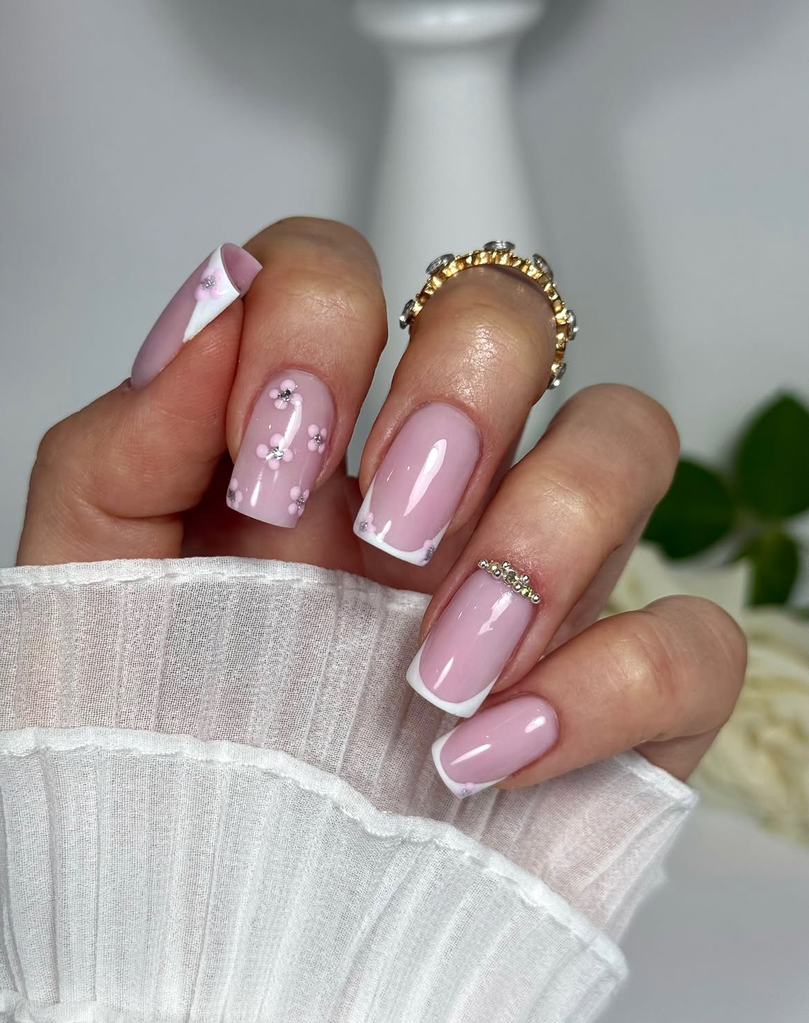 Pink Floral French Tip Square Nails with Rhinestones