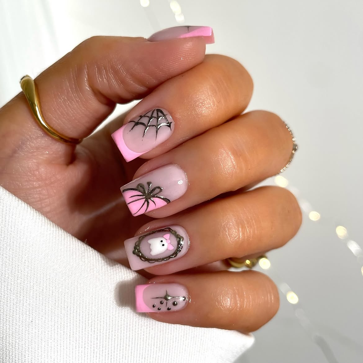 Pink French Tip Halloween Ghost Spiderweb Nails