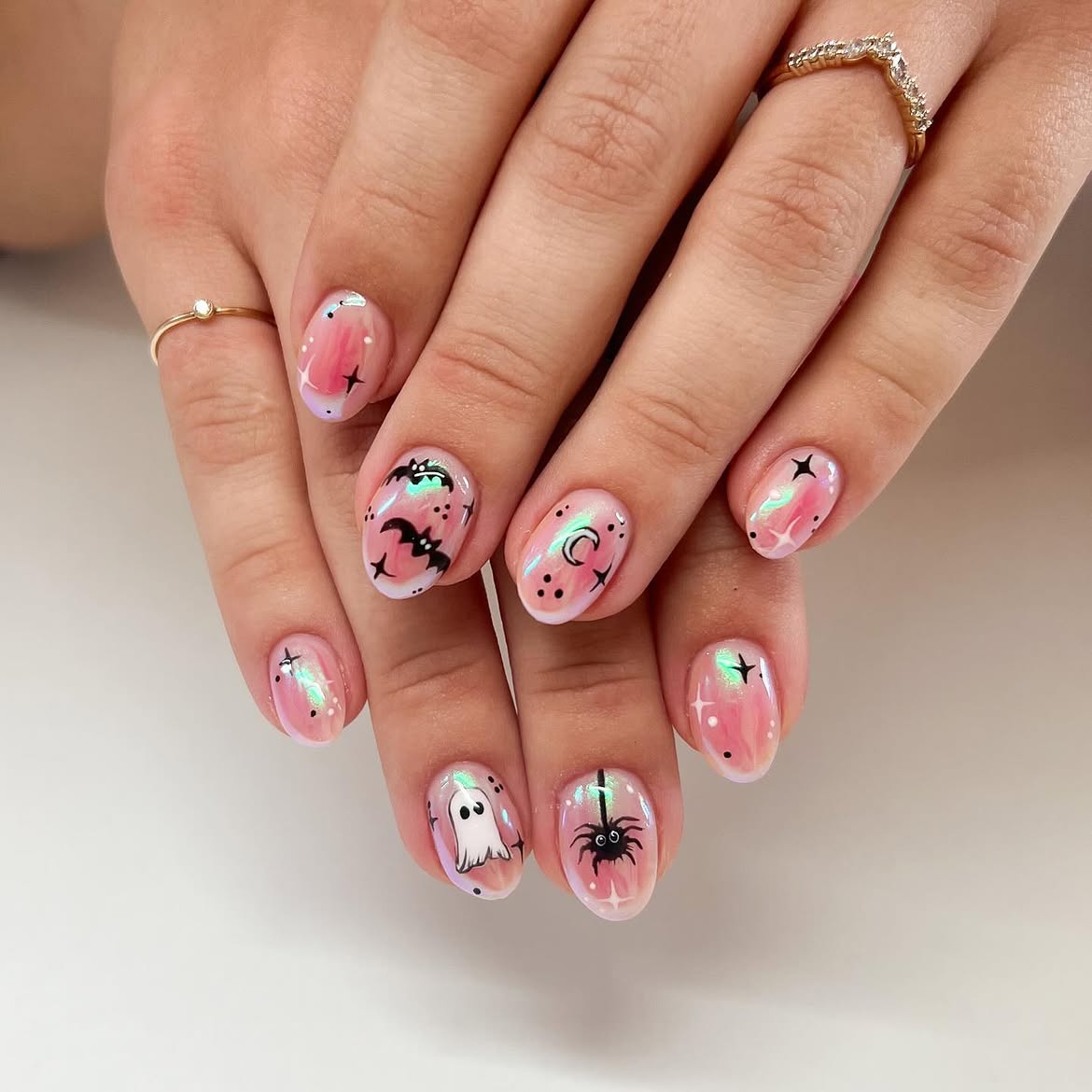 Pink Ghost And Bat Halloween Oval Nails