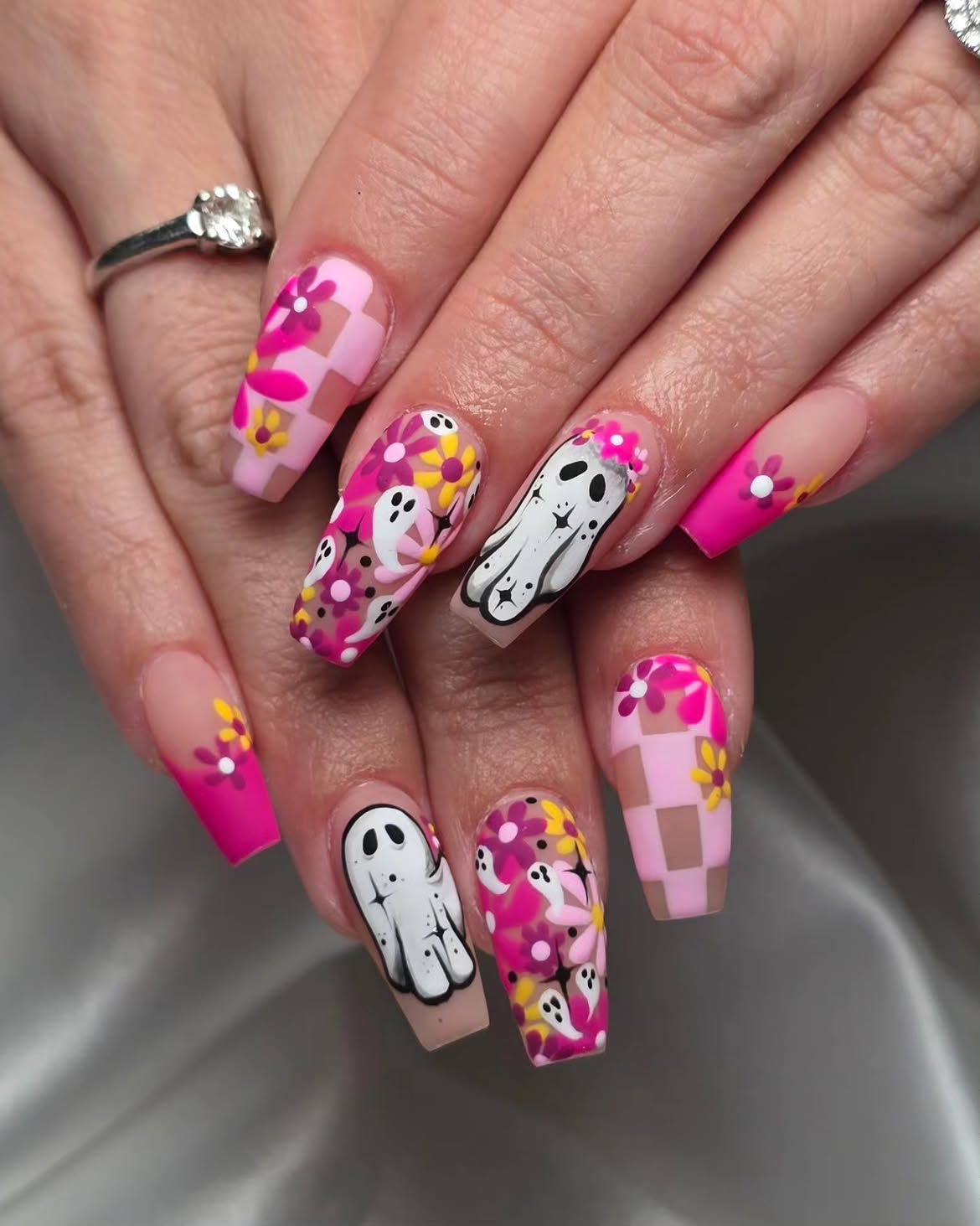 Pink Ghost Floral Checkerboard Halloween Nails