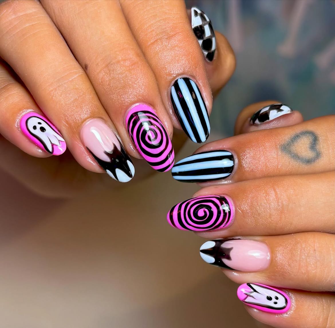 Pink Ghost & Swirl Halloween Almond Nails