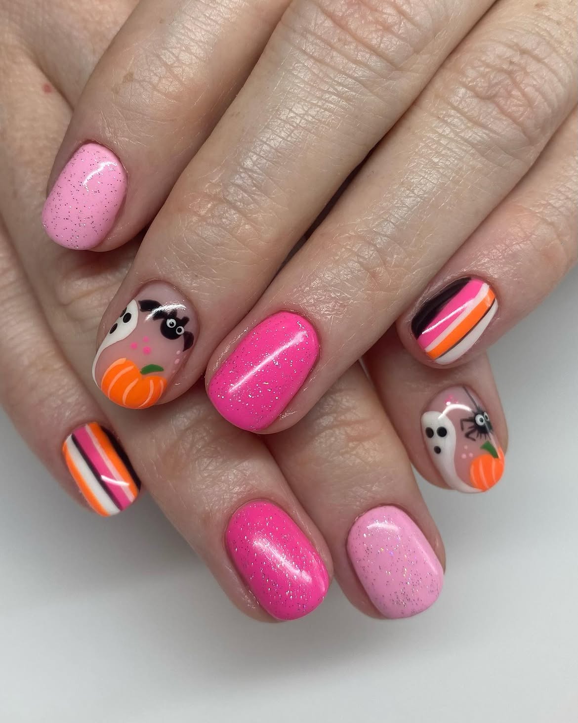 Pink Halloween Ghost and Pumpkin Nail Art