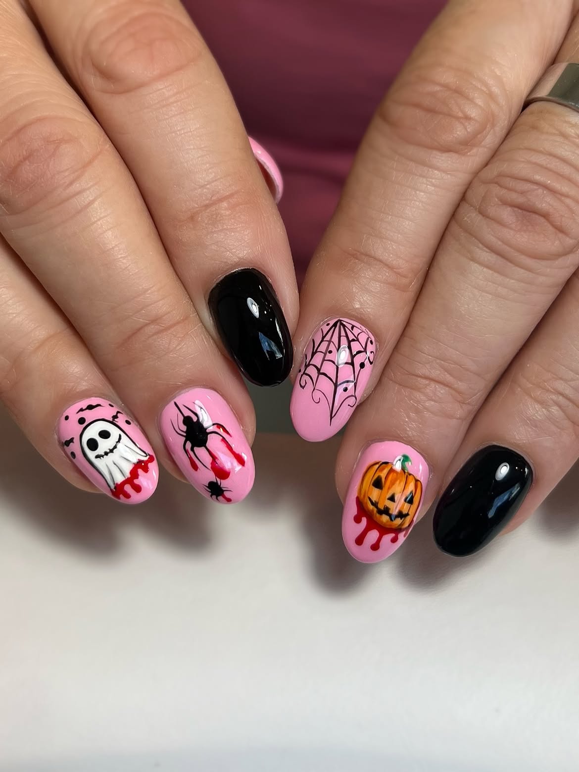 Pink Halloween Ghost and Pumpkin Oval Nails
