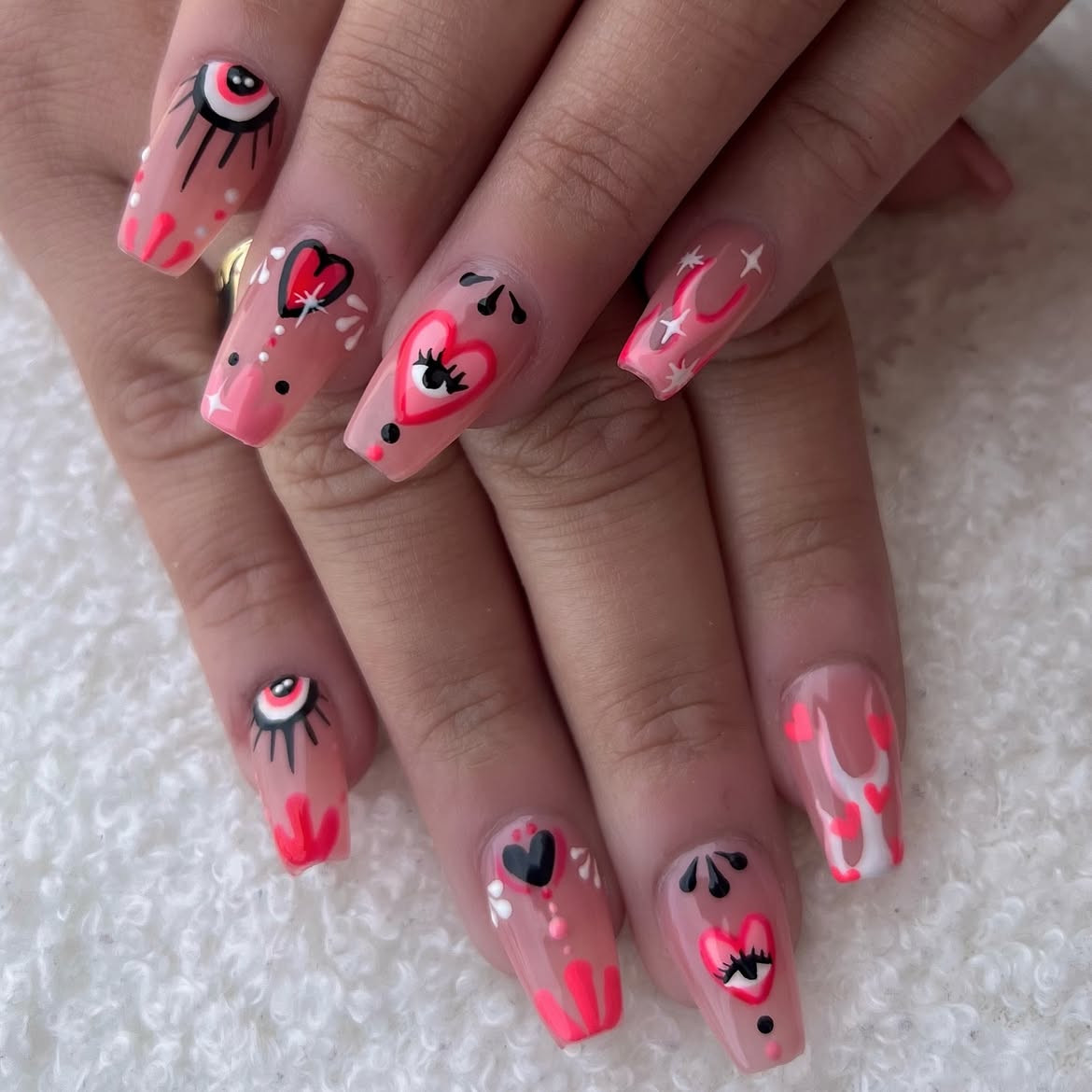 Pink Halloween Heart Eye Coffin Nails