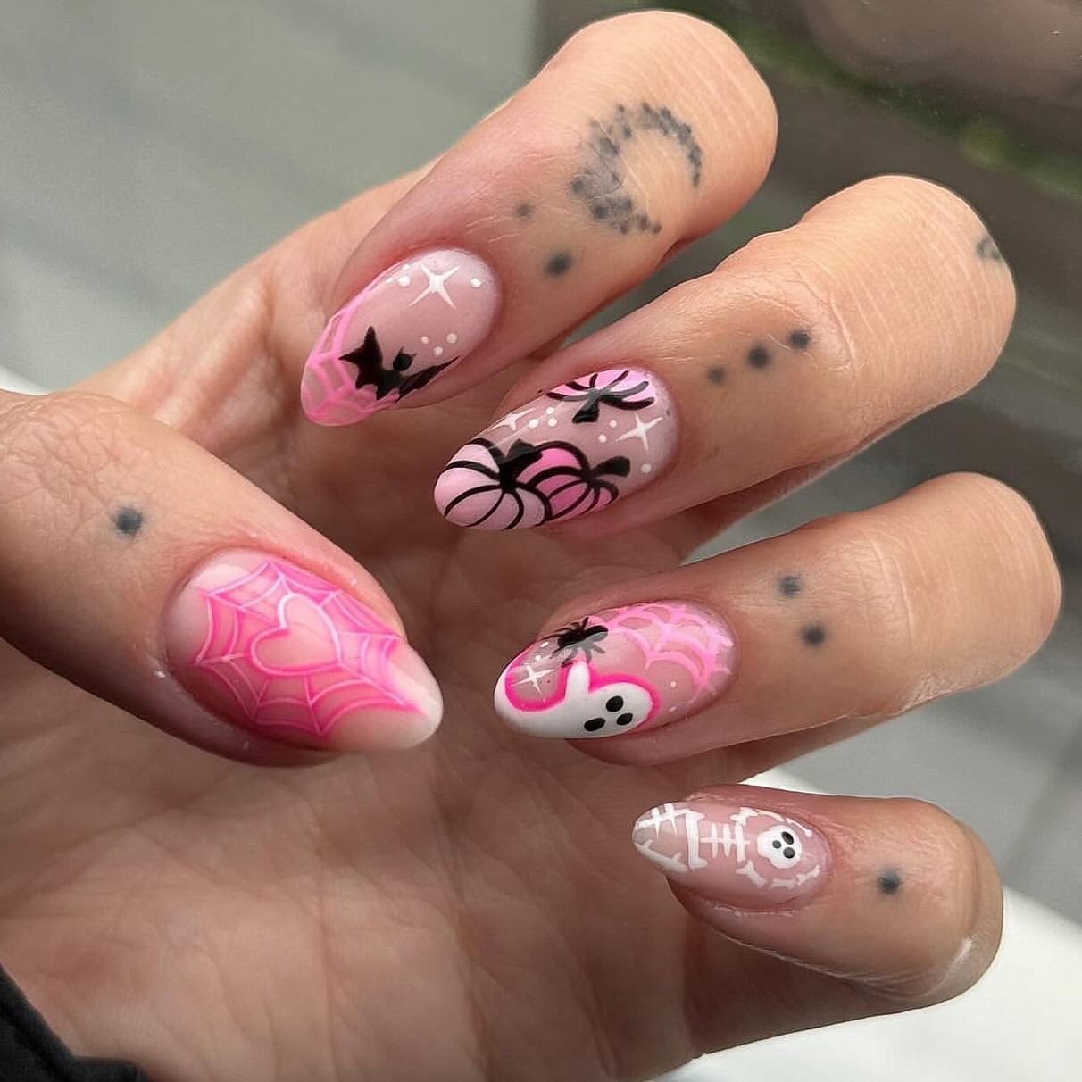 Pink Halloween Spiderweb and Ghost Almond Nails