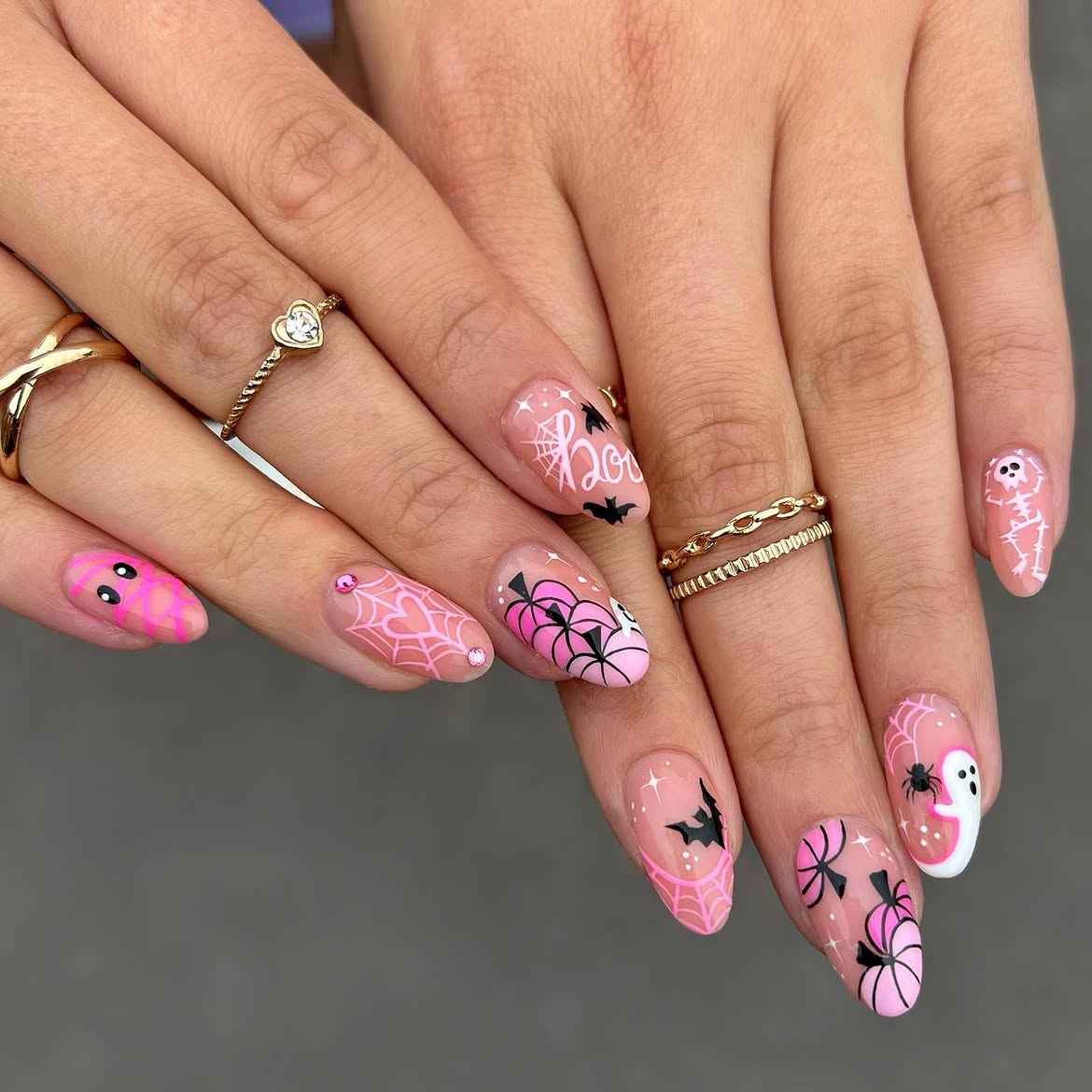 Pink Halloween Spiderweb Pumpkin Ghost Nails