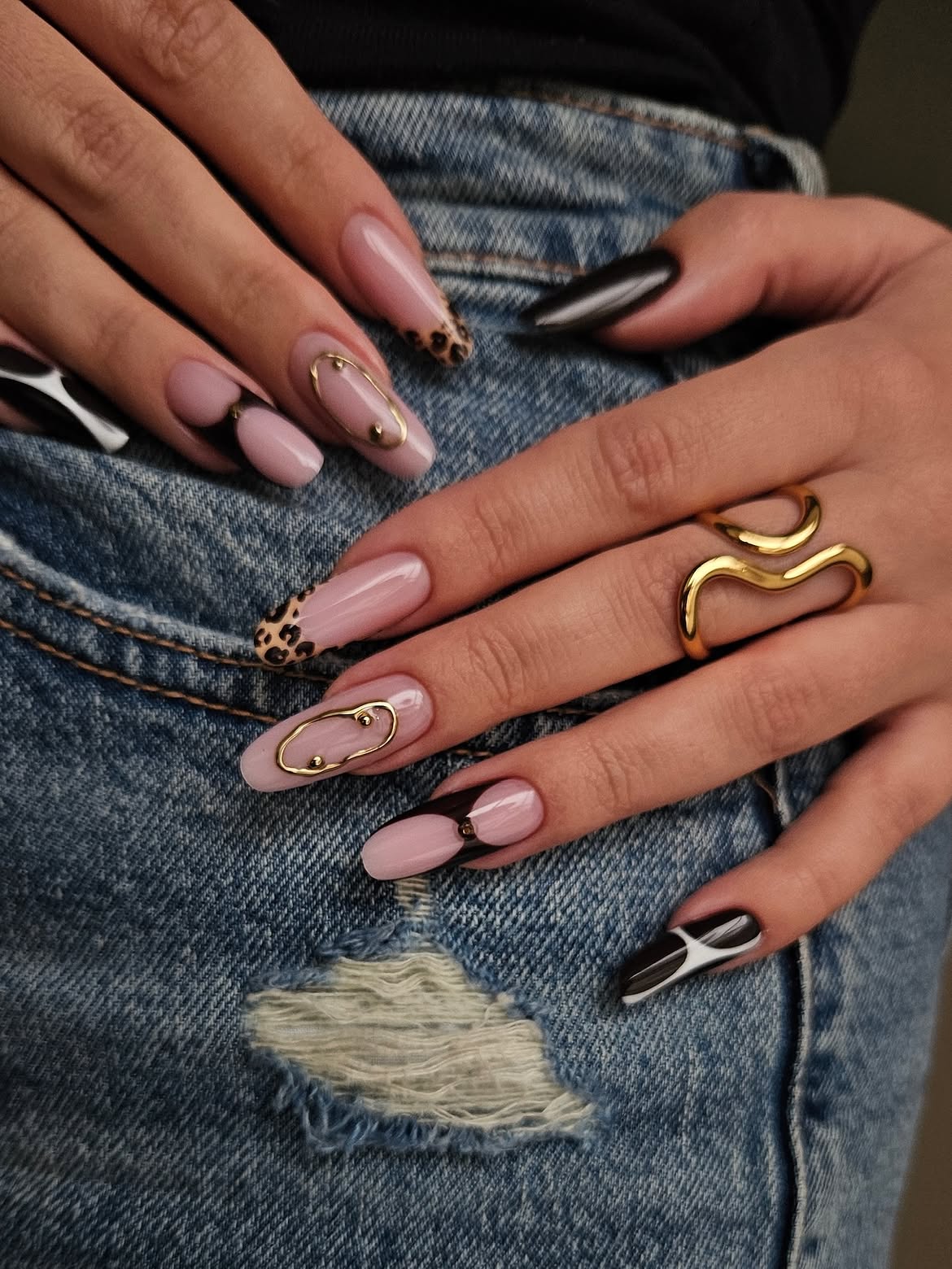 Pink Leopard French Tip Oval Nails with Gold Charms