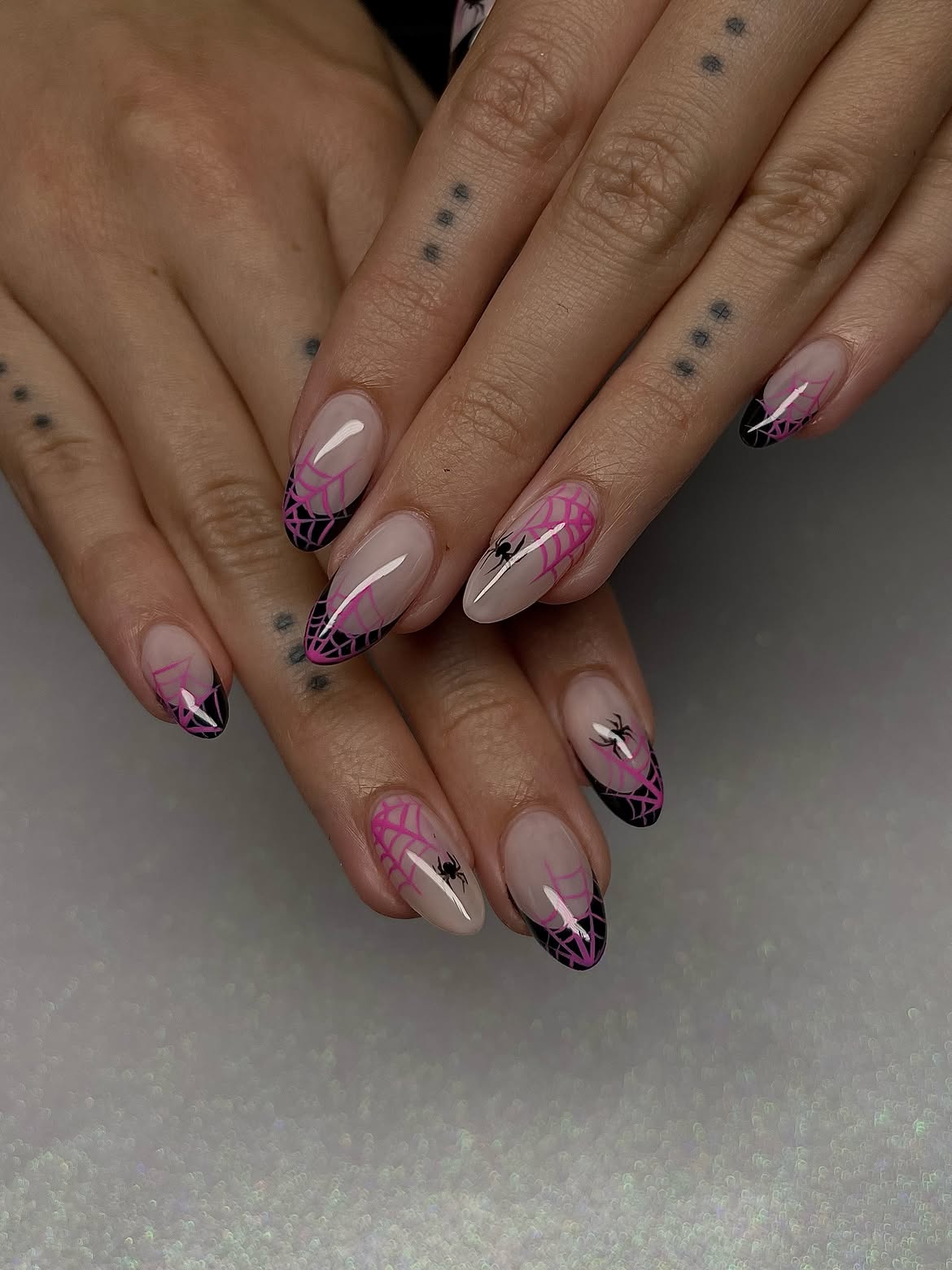 Pink Neon Spiderweb French Tip Halloween Nails