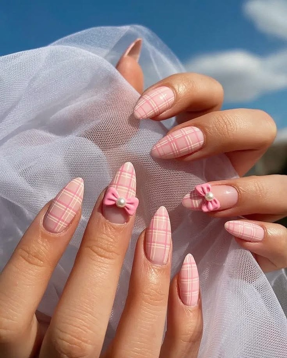 Pink Plaid Almond Nails with Bow Charms