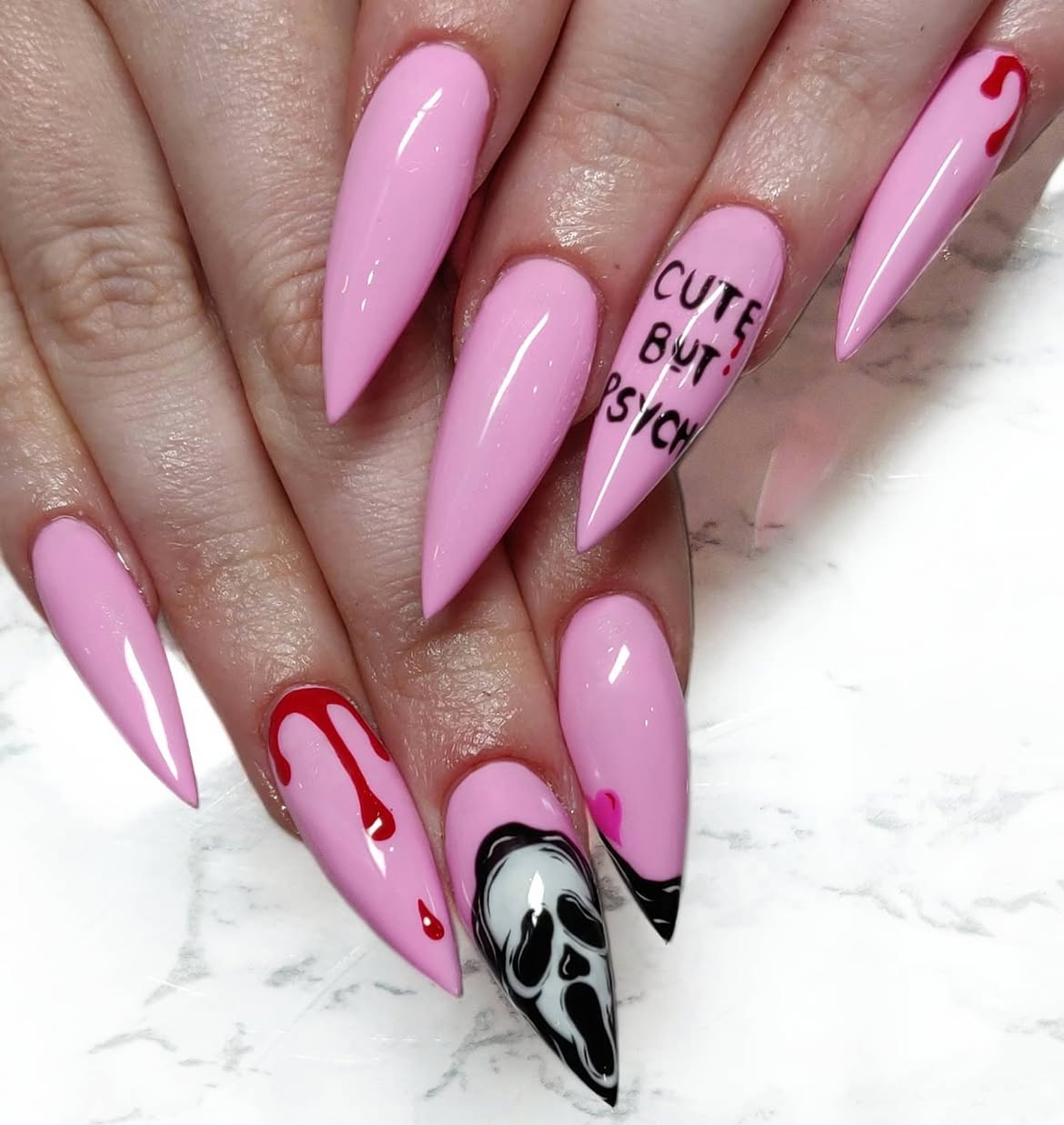 Pink Scream Ghost Stiletto Halloween Nails