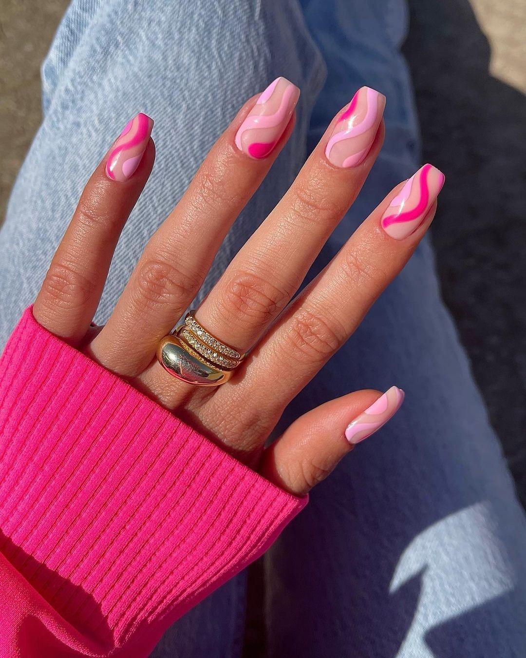 Pink Swirl Glossy Coffin Nails