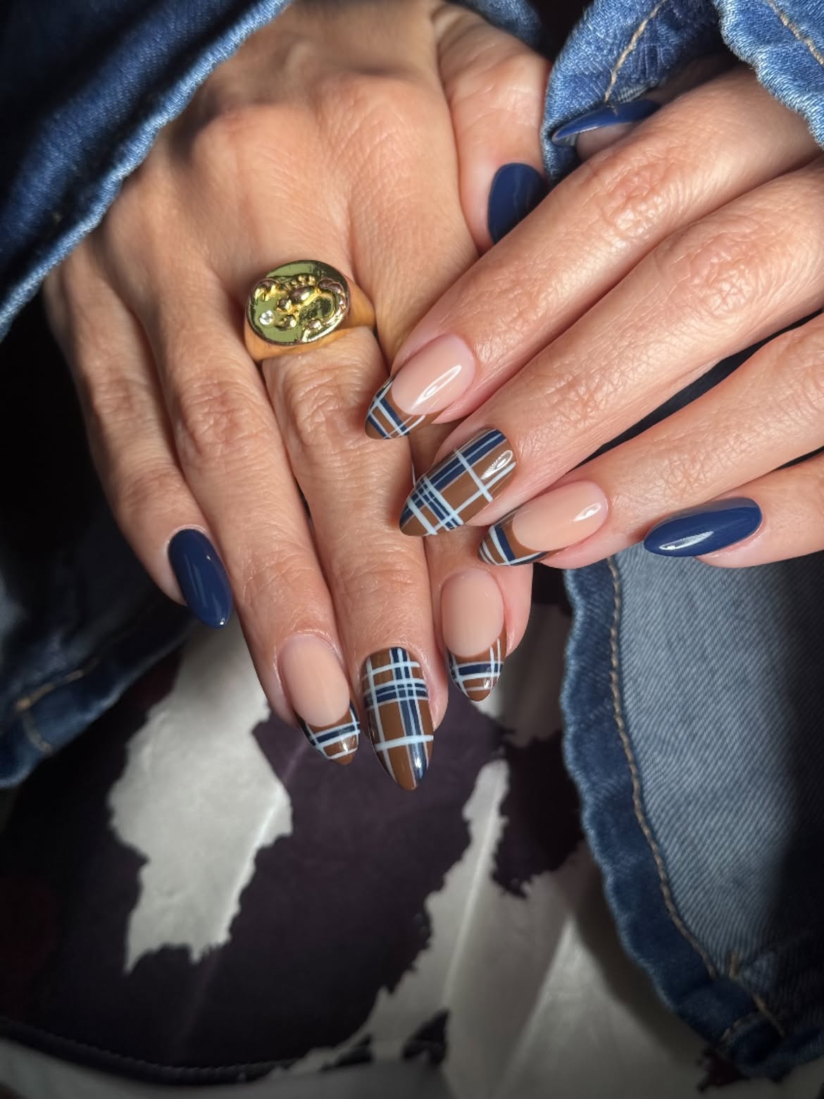 Plaid French Tips With Navy Accents