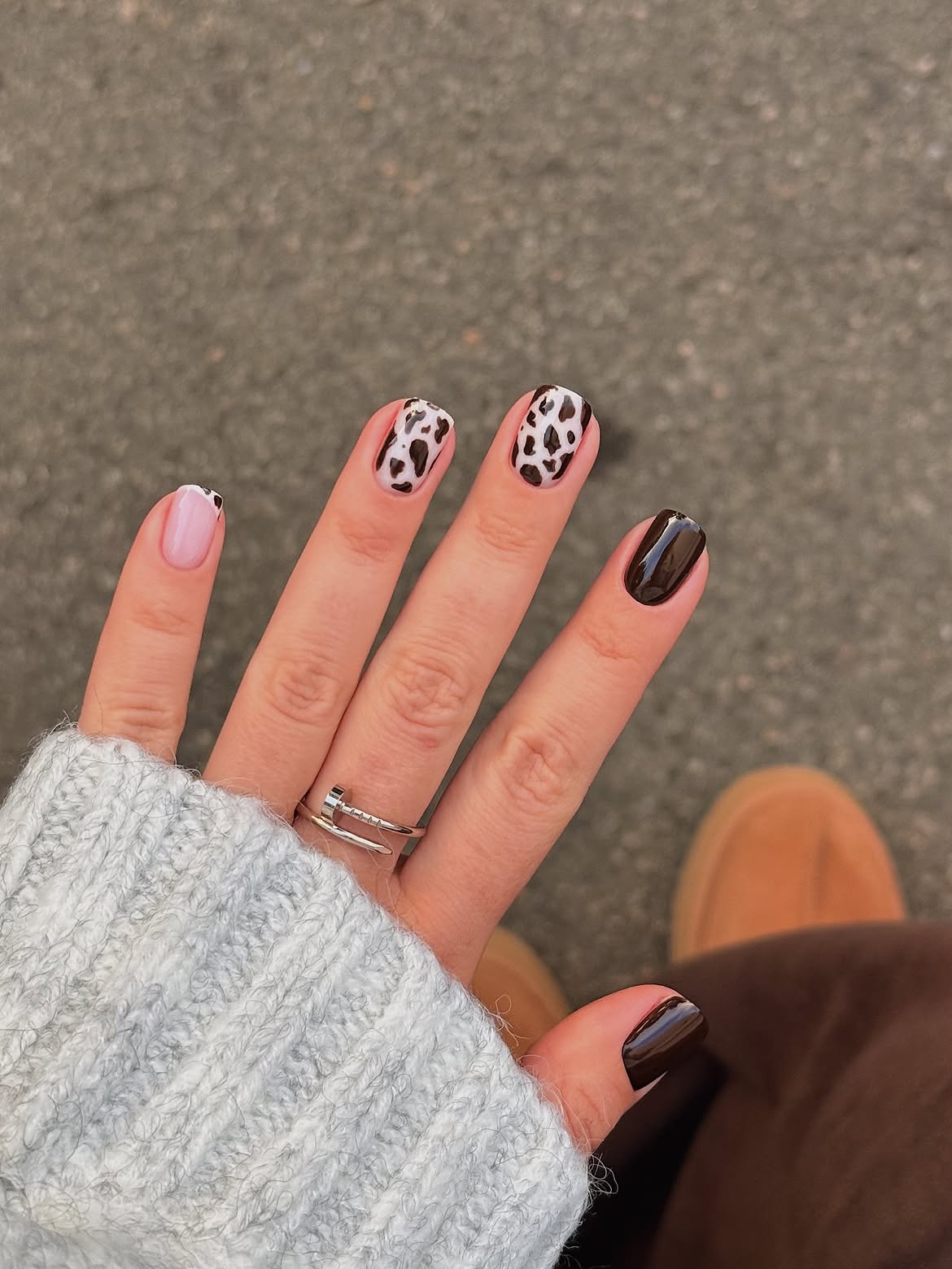 Playful Cow Print & Glossy Brown Accents