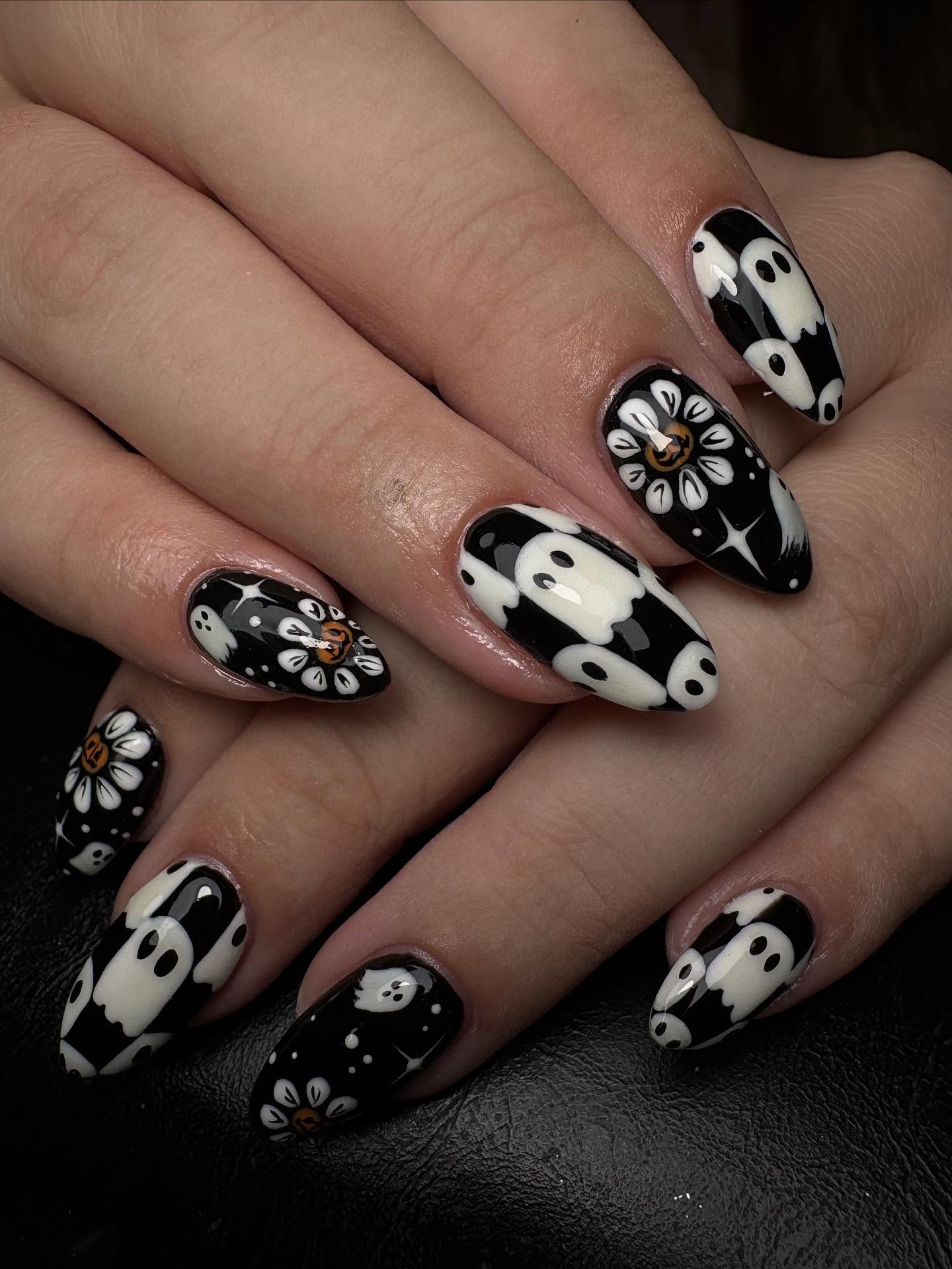 Playful Ghost & Daisy Halloween Almond Nails
