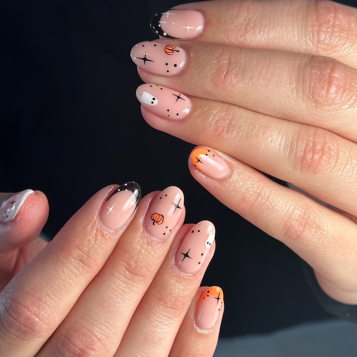 Playful Halloween Ghost and Pumpkin French Tips