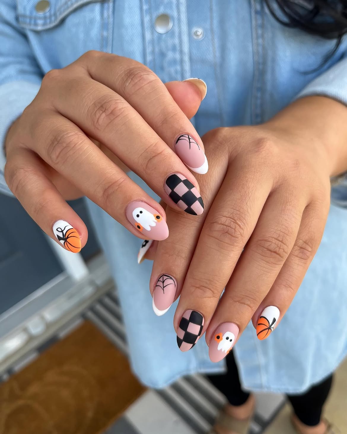 Playful Halloween Ghost Pumpkin French Tip Nails