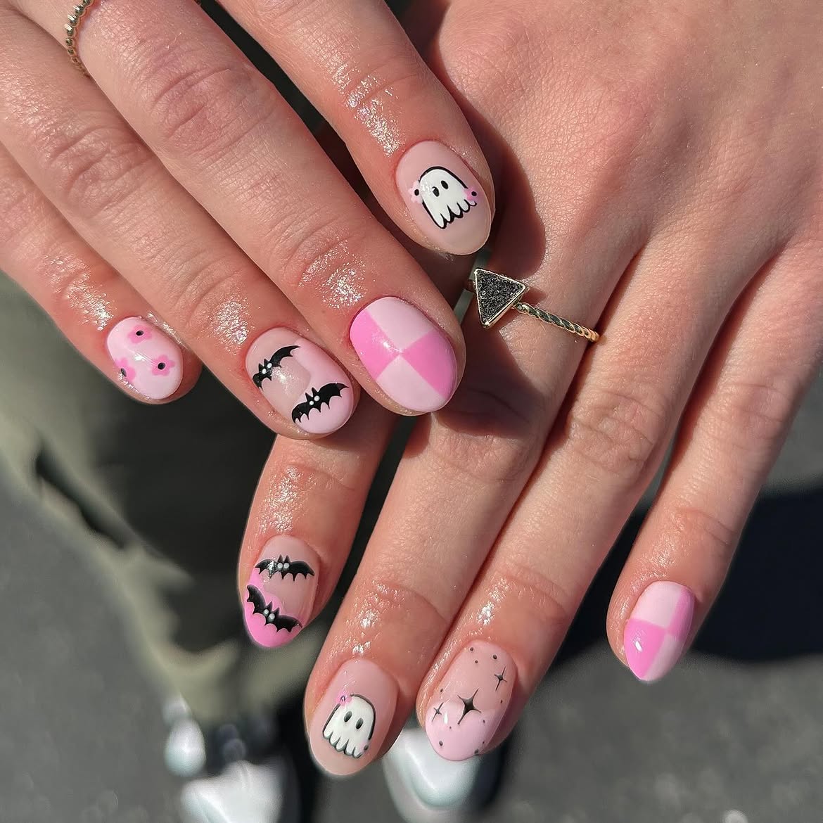 Playful Pink Halloween Ghost and Bat Nails