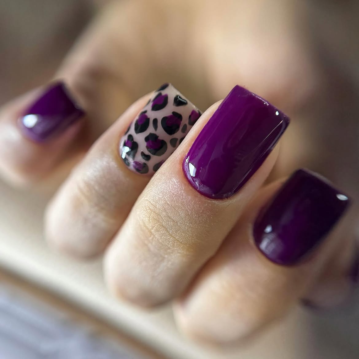 Plum Leopard Print Square Nails