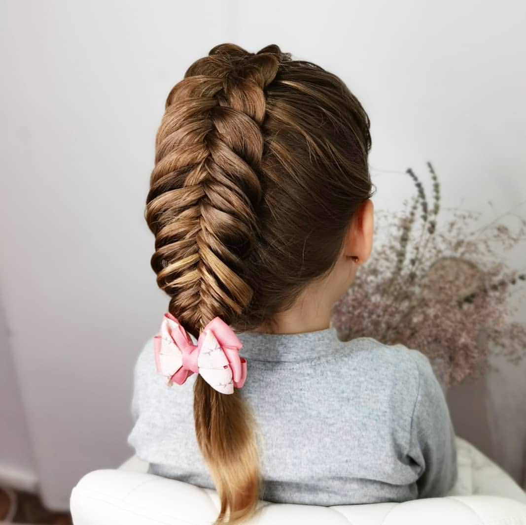 Polished Fishtail Braid With Pink Bow Accent