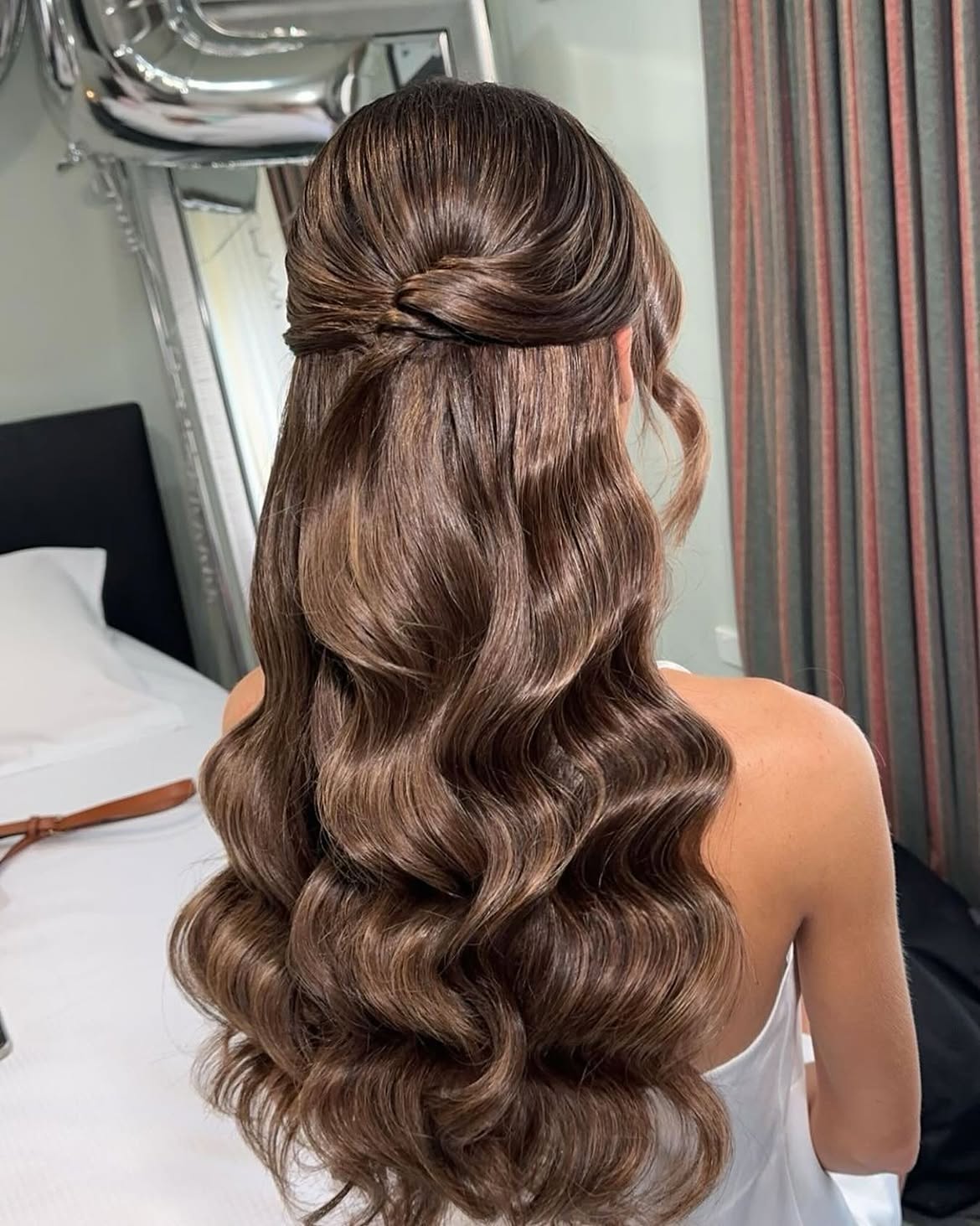 Polished Half Up Twisted Waves On Brunette Hair