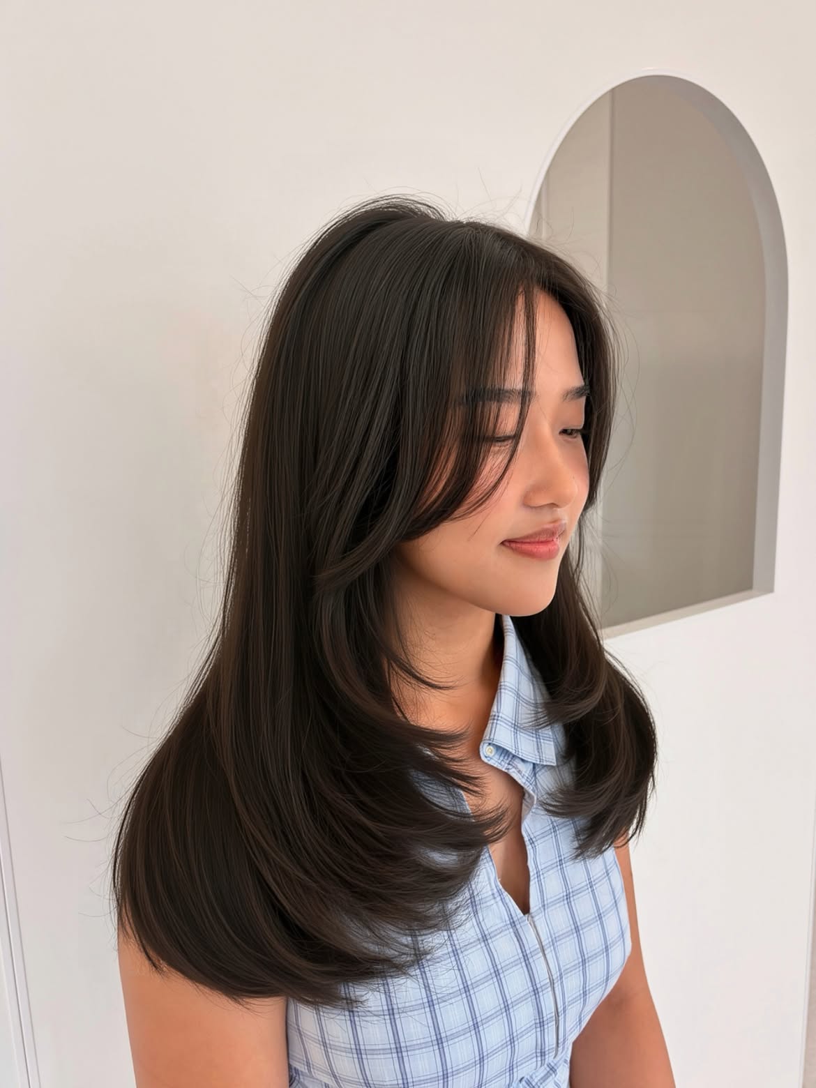 Polished Long Hair With Soft Rounded Curtain Bangs
